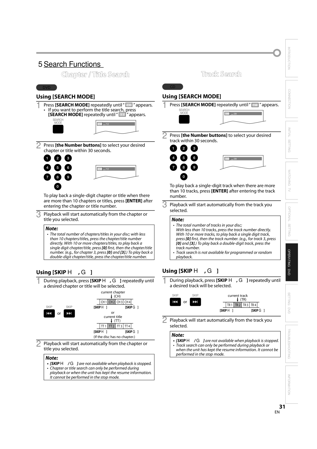 Sylvania LD370SC8 S 5Search Functions, Chapter / Title Search, Track Search, Using Search Mode, Using Skip H , G 