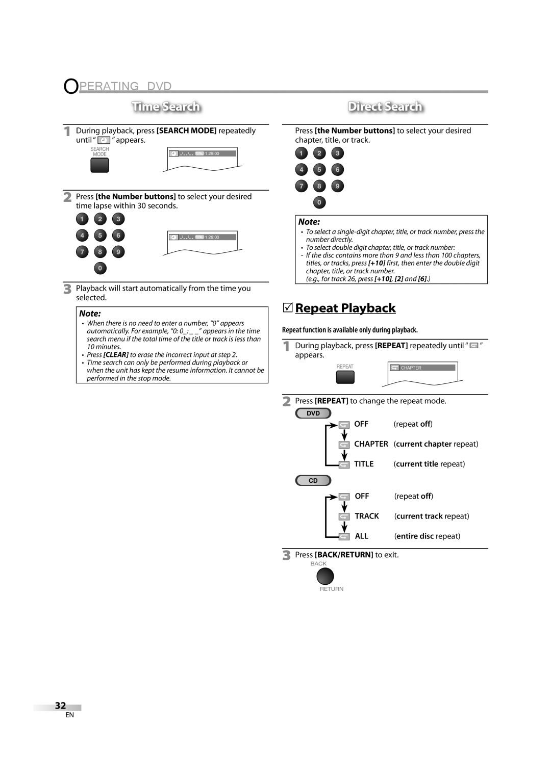 Sylvania LD370SC8 S owner manual Time Search, Direct Search, 5Repeat Playback 