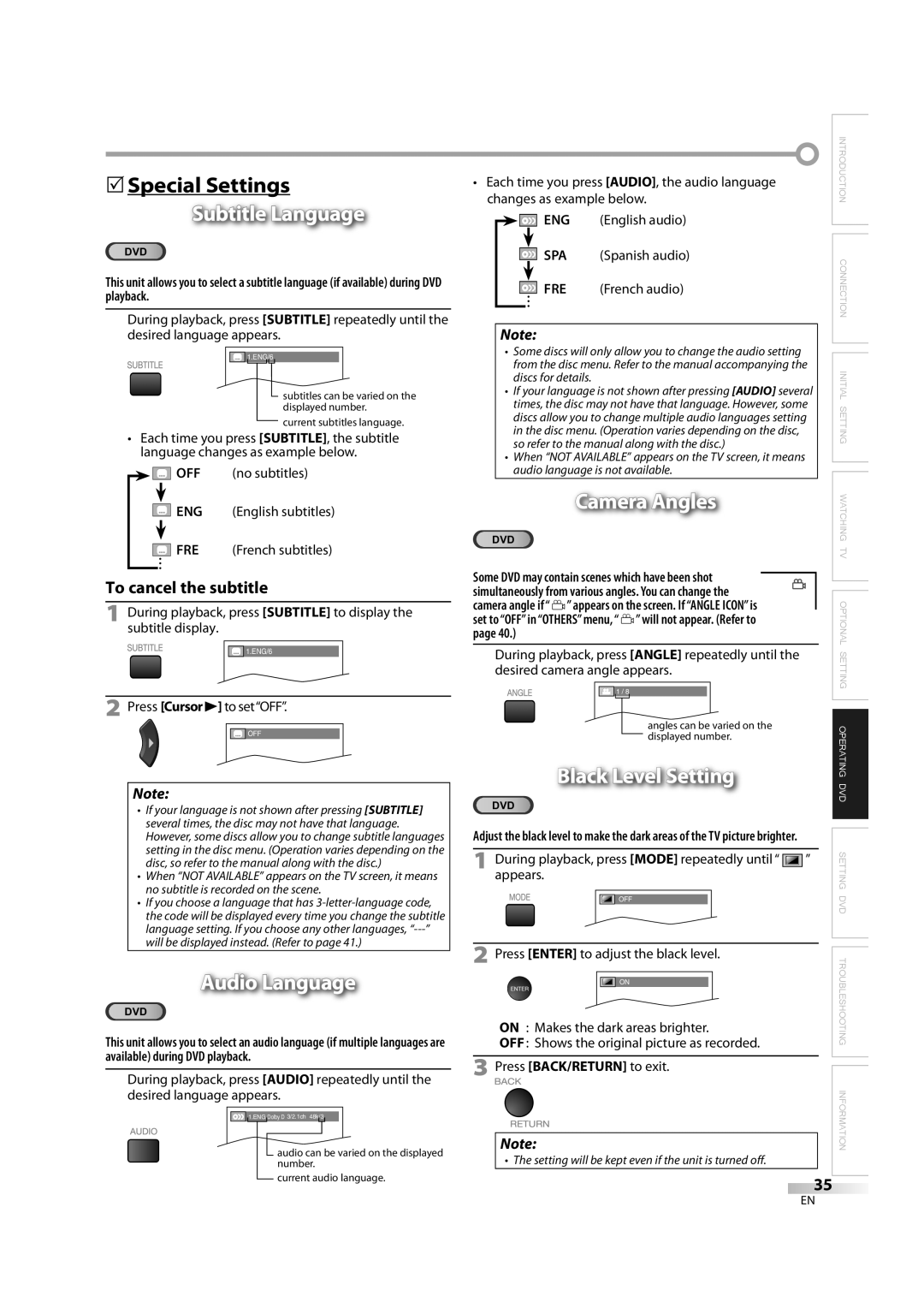 Sylvania LD370SC8 S owner manual 5Special Settings, Subtitle Language, Audio Language, To cancel the subtitle 