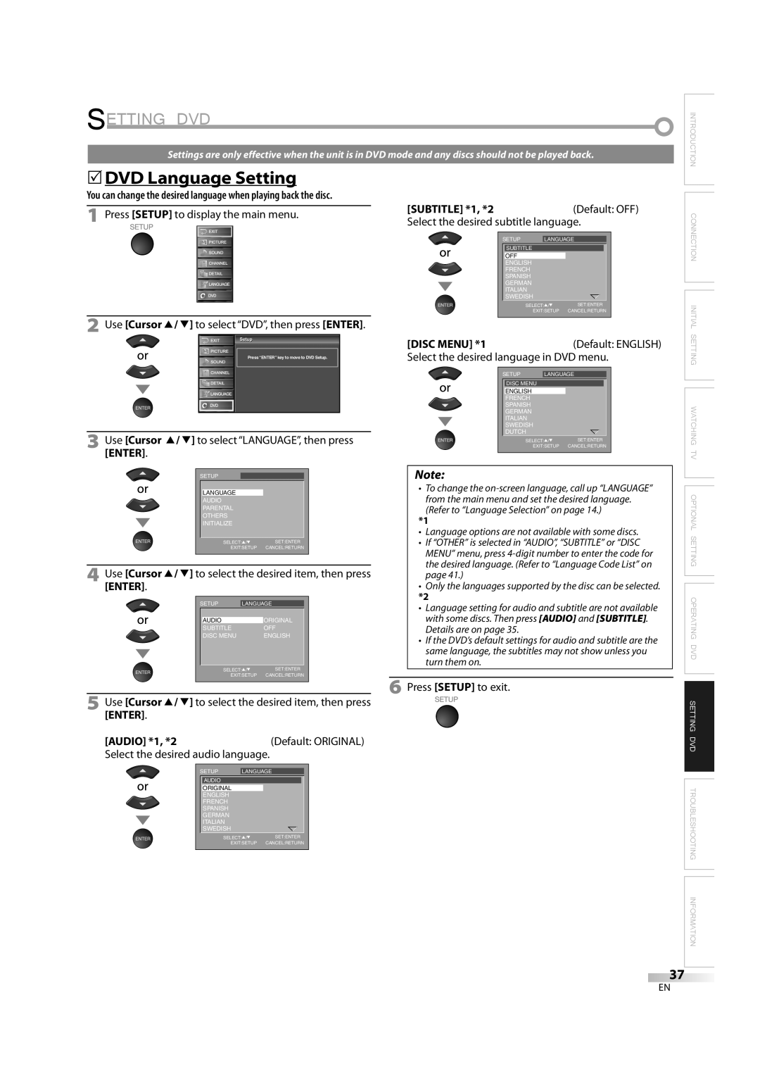 Sylvania LD370SC8 S owner manual Setting DVD, 5DVD Language Setting, Audio *1, *2, Subtitle *1, *2Default OFF 