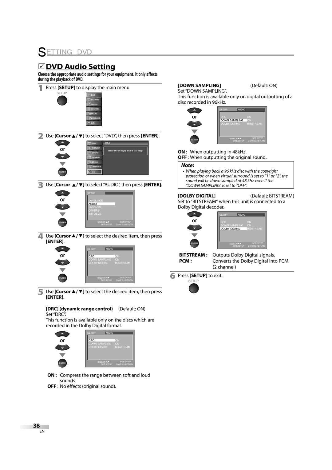 Sylvania LD370SC8 S owner manual 5DVD Audio Setting, DRC dynamic range control Default on Set DRC, Down Sampling 