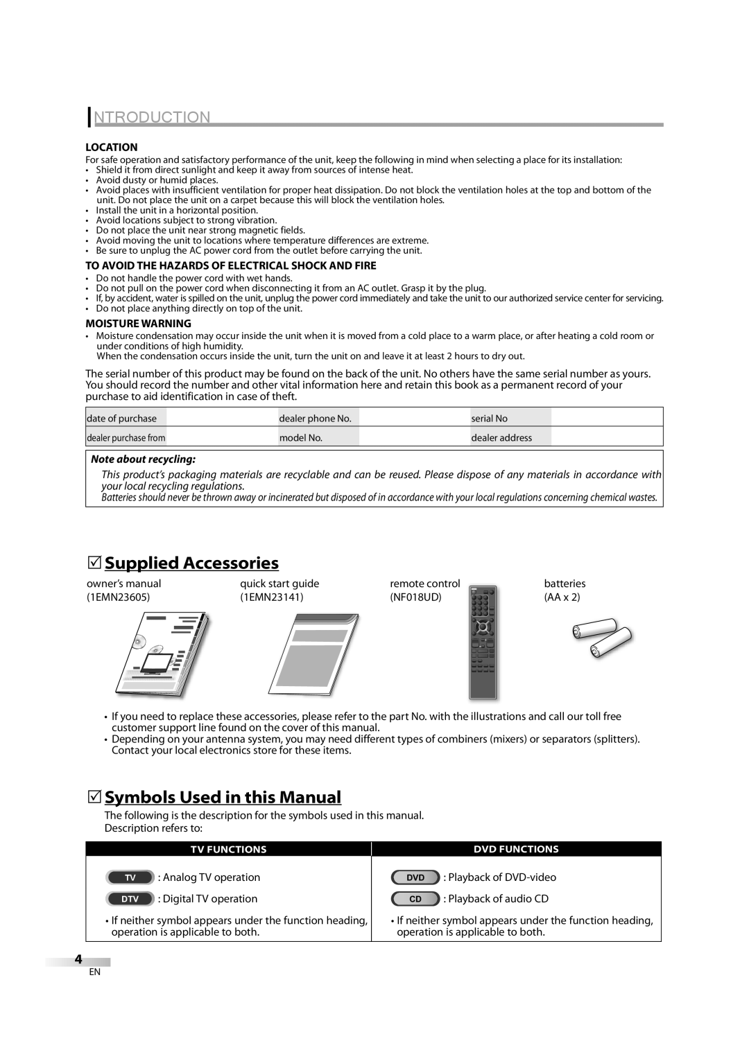 Sylvania LD370SC8 S owner manual 5Supplied Accessories, 5Symbols Used in this Manual, Location, Moisture Warning 