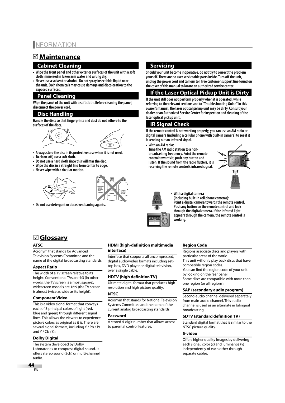 Sylvania LD370SC8 S owner manual Information, Maintenance, Glossary, Atsc, Ntsc 