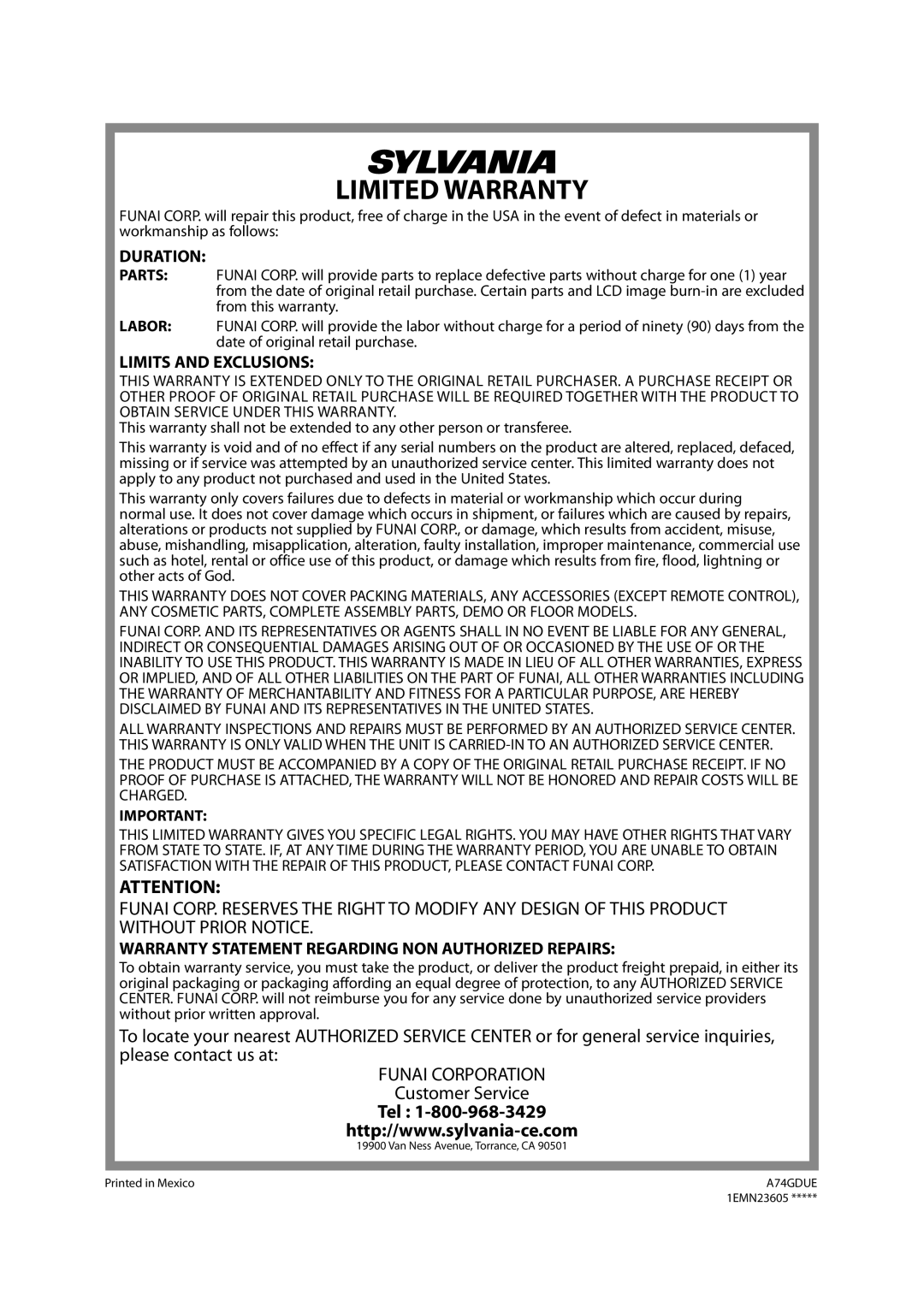 Sylvania LD370SC8 S owner manual Limited Warranty 