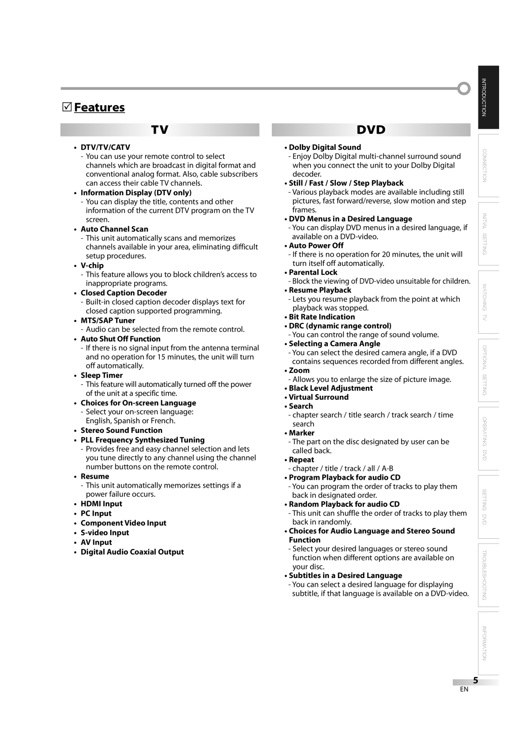 Sylvania LD370SC8 S owner manual Features, Dtv/Tv/Catv 