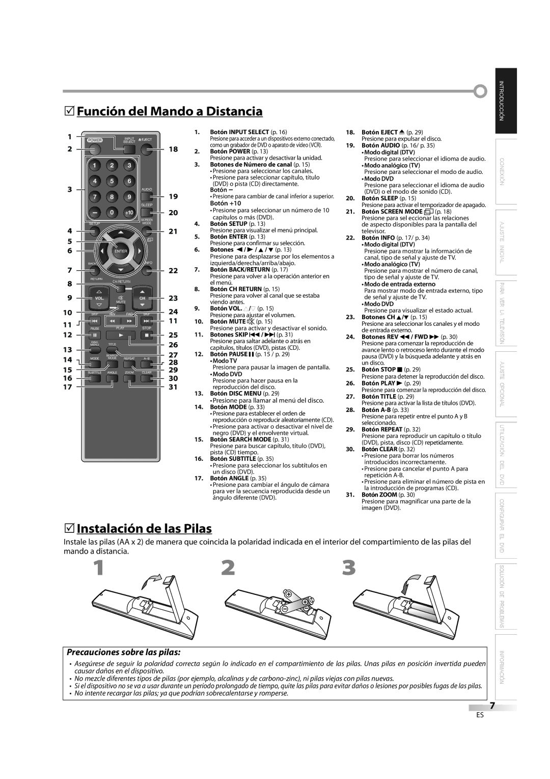 Sylvania LD370SC8 S owner manual 5Función del Mando a Distancia, 5Instalación de las Pilas 