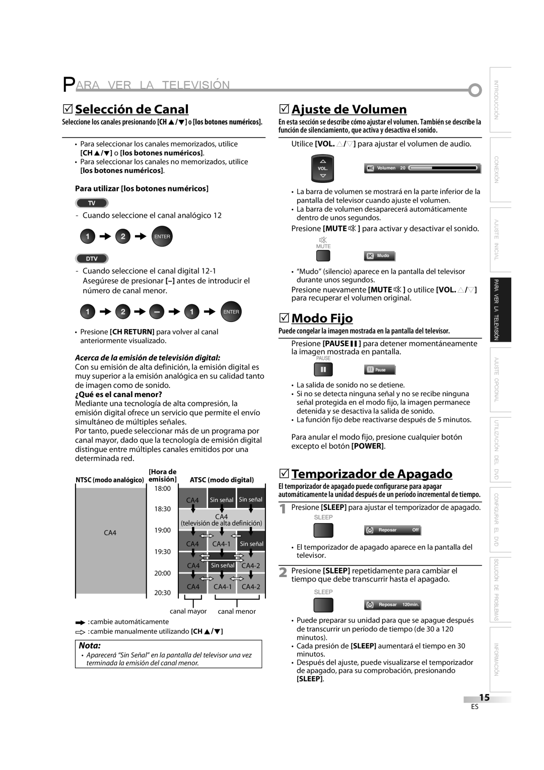 Sylvania LD370SC8 S 5Selección de Canal, 5Modo Fijo, Para utilizar los botones numéricos, ¿Qué es el canal menor? 