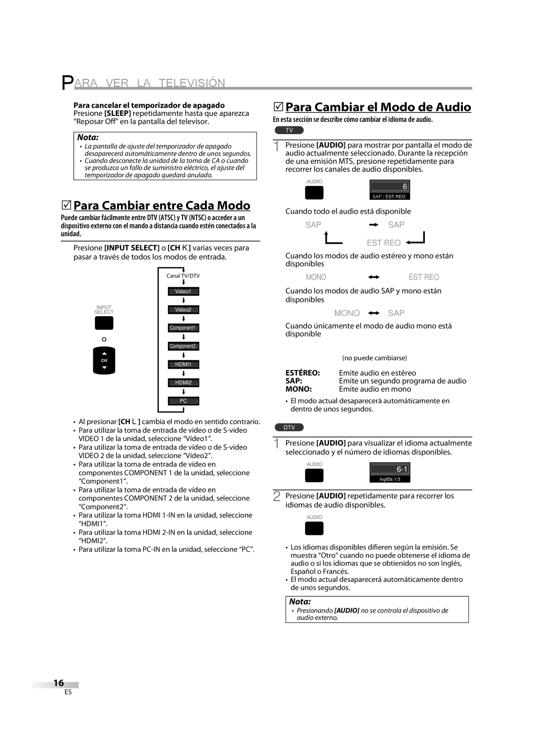 Sylvania LD370SC8 S owner manual Para VER LA Televisión, 5Para Cambiar el Modo de Audio, 5Para Cambiar entre Cada Modo 