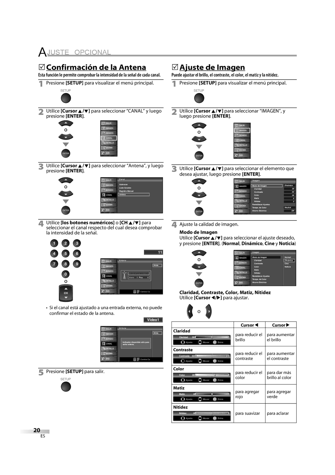 Sylvania LD370SC8 S owner manual 5Confirmación de la Antena, 5Ajuste de Imagen, Modo de Imagen 