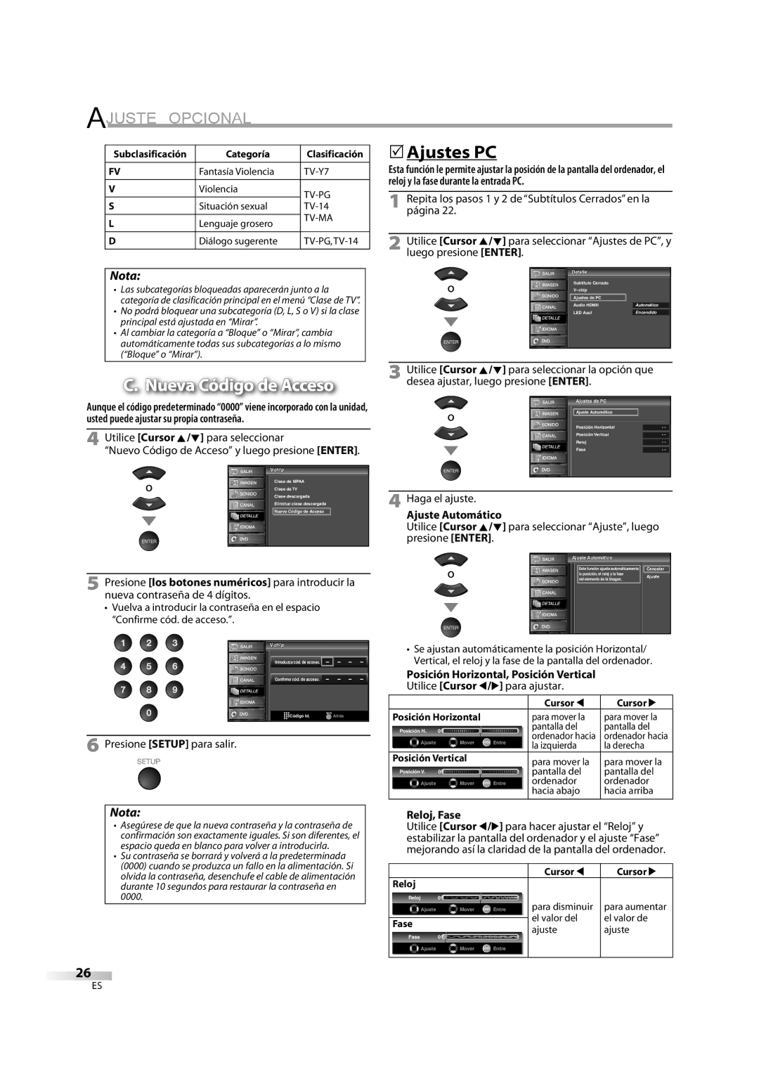 Sylvania LD370SC8 S 5Ajustes PC, Nueva Código de Acceso, Ajuste Automático, Posición Horizontal, Posición Vertical 