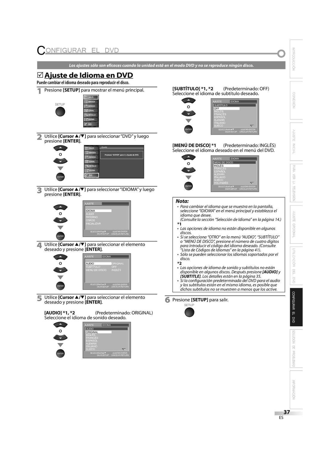 Sylvania LD370SC8 S Configurar EL DVD, 5Ajuste de Idioma en DVD, Puede cambiar el idioma deseado para reproducir el disco 