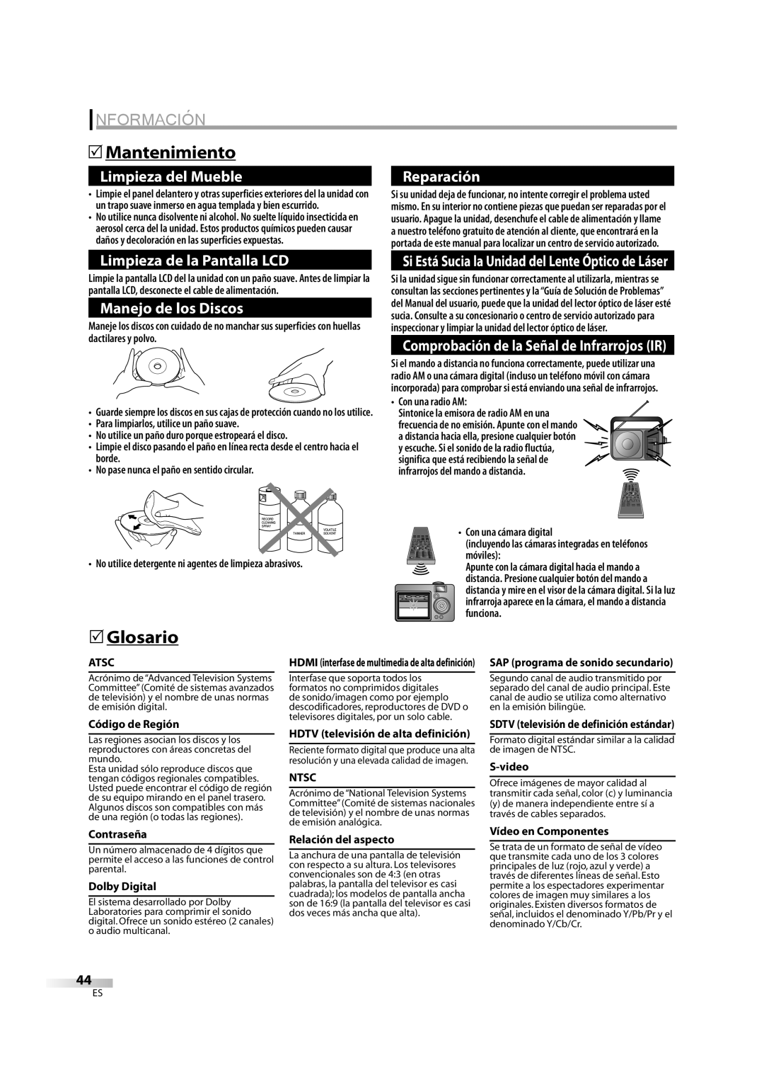 Sylvania LD370SC8 S owner manual Información, Mantenimiento, Glosario 