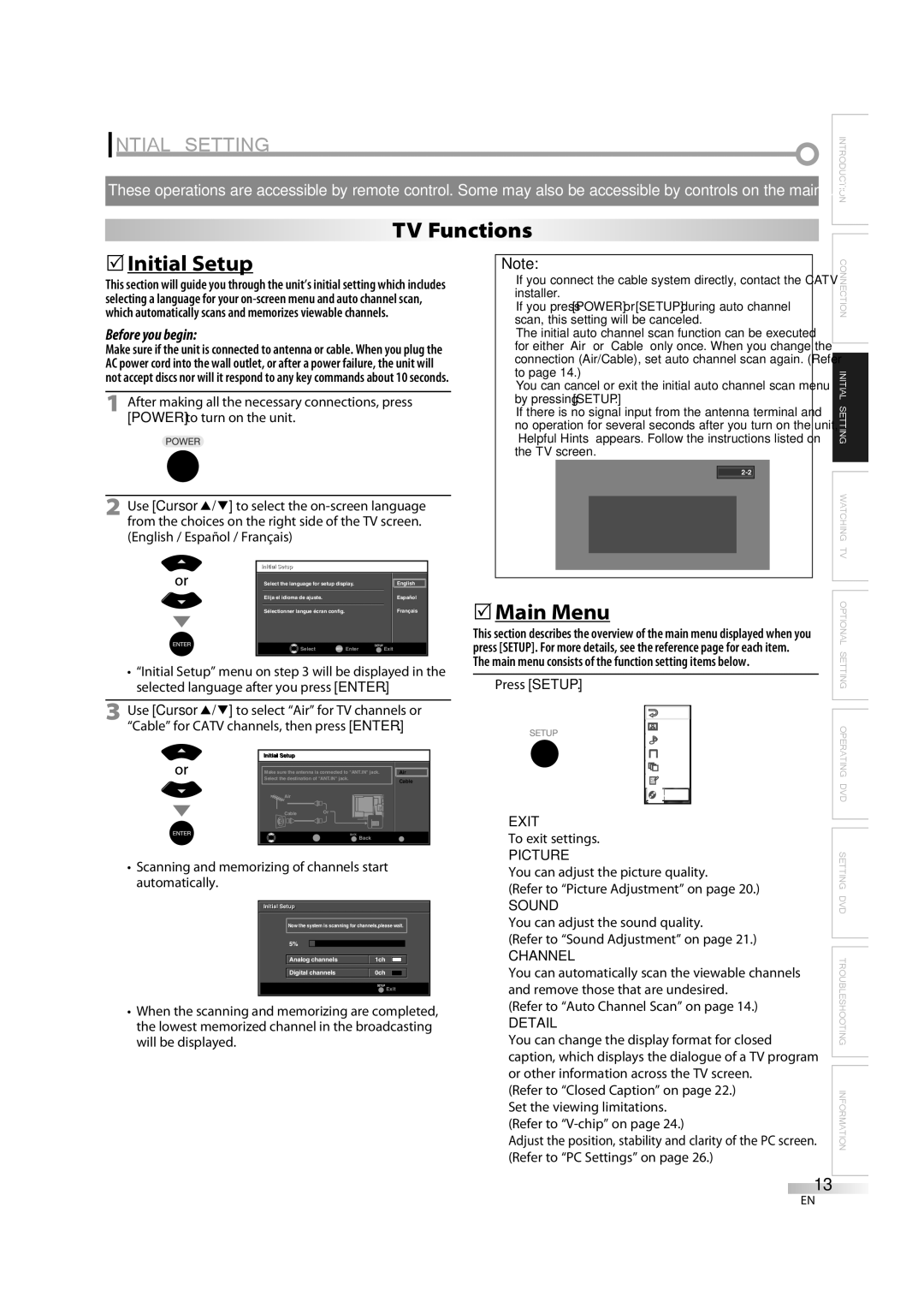 Sylvania LD370SS8 owner manual Intial Setting, TV Functions, 5Initial Setup, 5Main Menu 