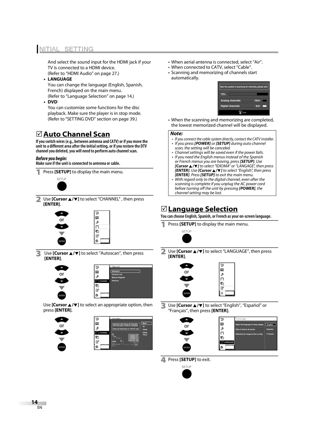 Sylvania LD370SS8 owner manual Initial Setting, 5Auto Channel Scan, 5Language Selection, Dvd 