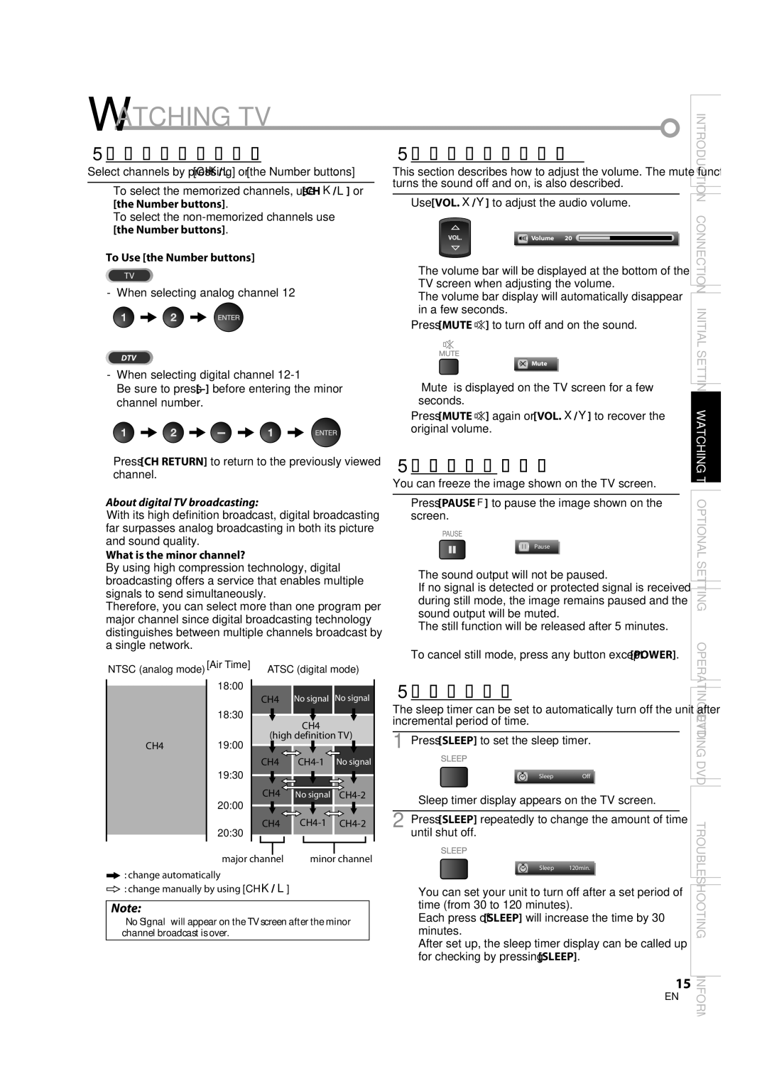 Sylvania LD370SS8 owner manual Watching TV, 5Channel Selection, 5Still Mode, 5Sleep Timer 