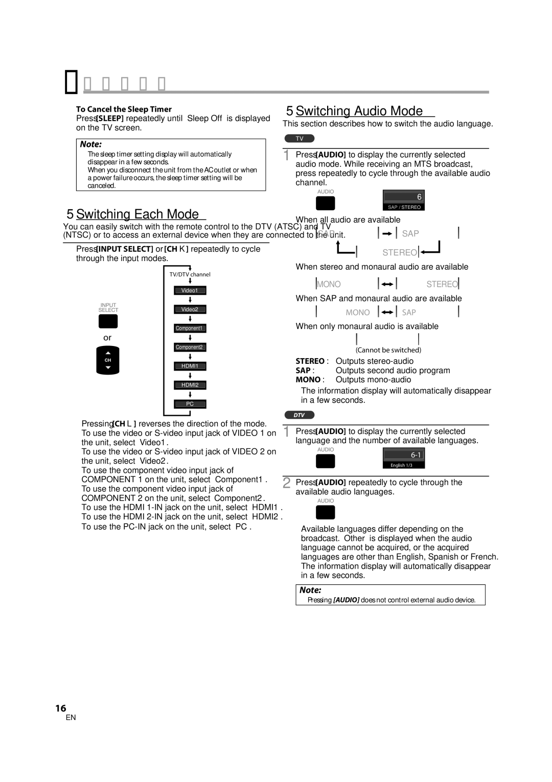 Sylvania LD370SS8 owner manual 5Switching Each Mode, 5Switching Audio Mode, To Cancel the Sleep Timer 