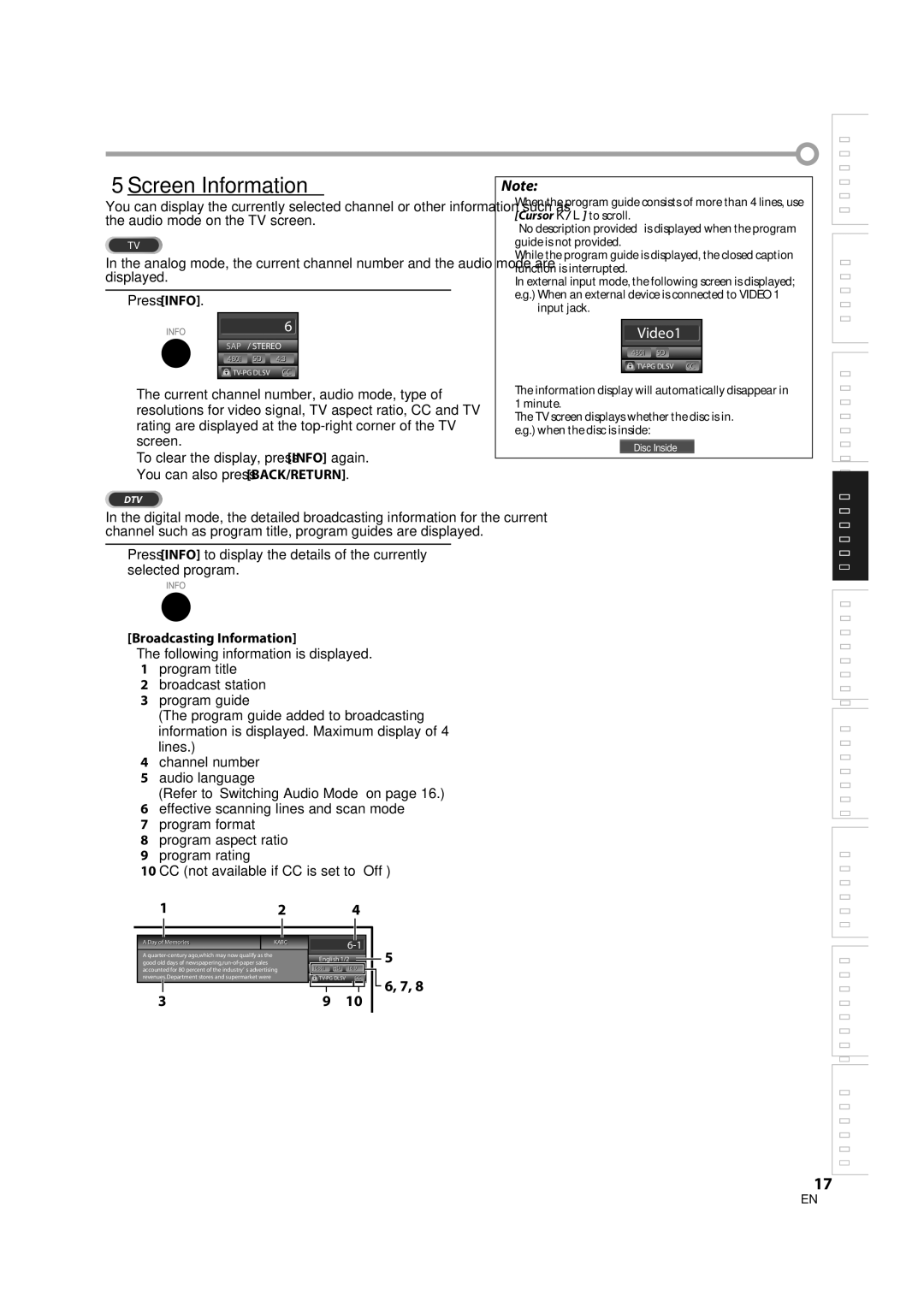 Sylvania LD370SS8 owner manual 5Screen Information, Press Info, Broadcasting Information 