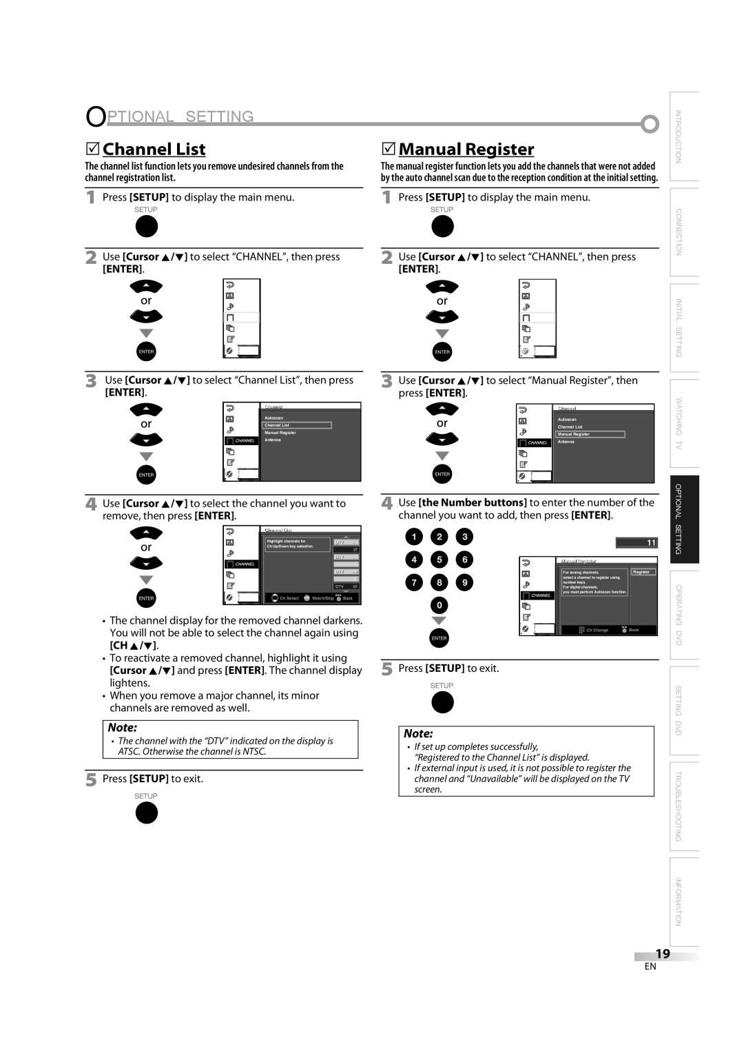 Sylvania LD370SS8 owner manual Optional Setting, 5Channel List, 5Manual Register, Enter, Ch K/ L 