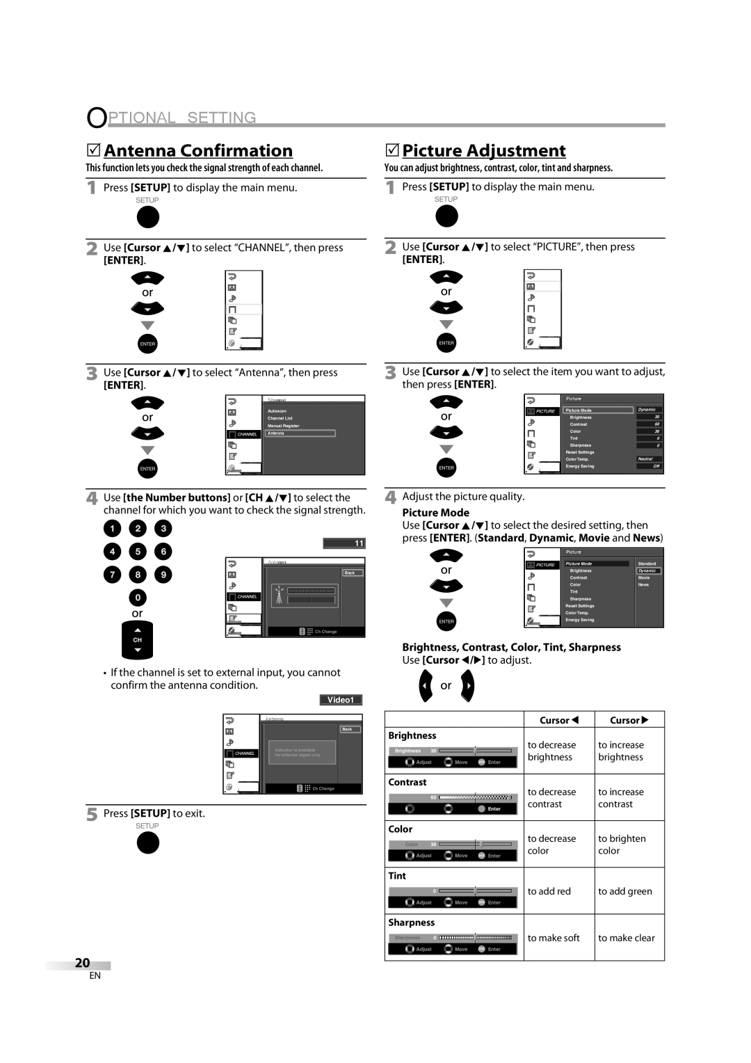 Sylvania LD370SS8 5Antenna Confirmation, 5Picture Adjustment, Picture Mode, Press ENTER. Standard, Dynamic, Movie and News 