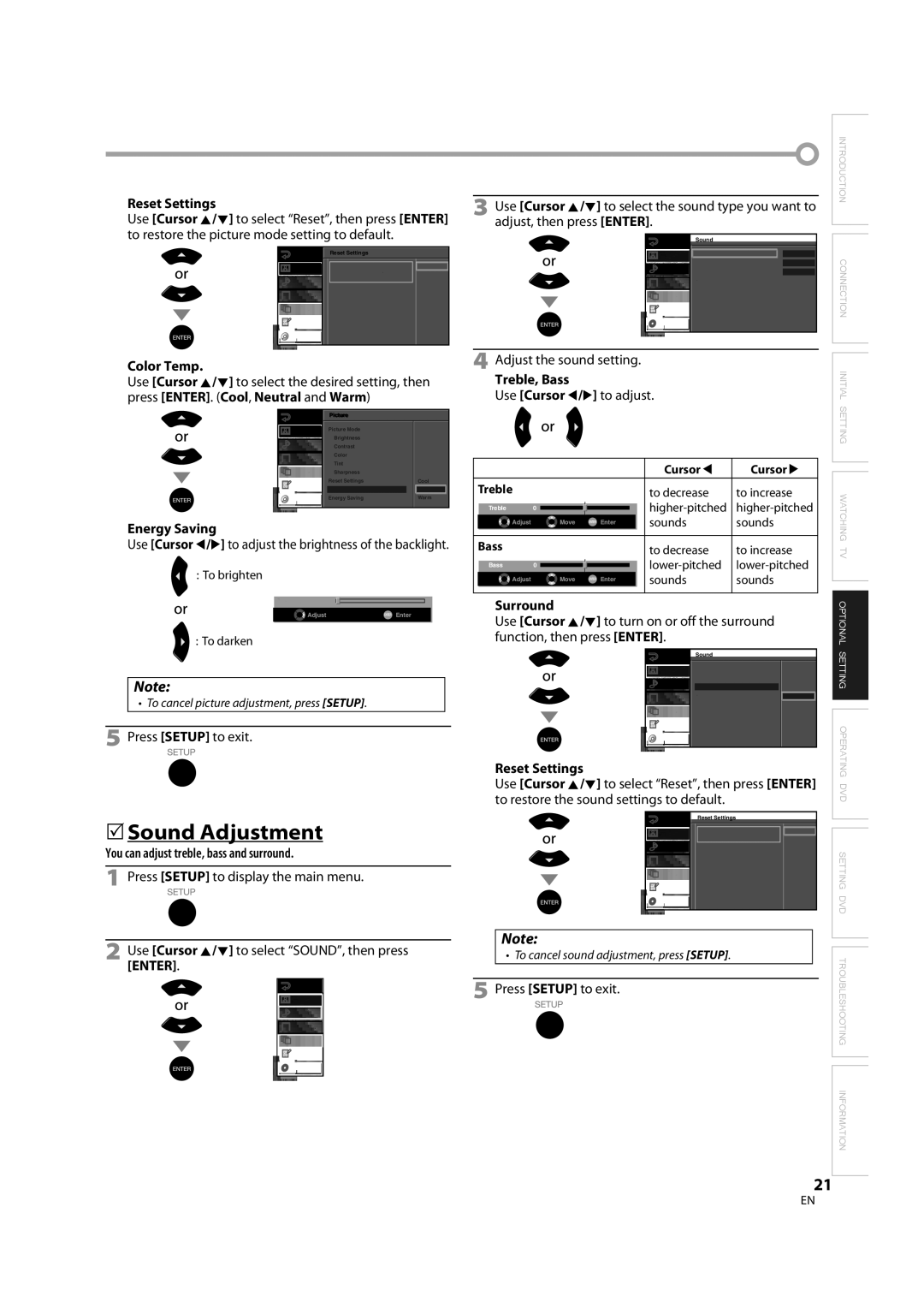 Sylvania LD370SS8 owner manual Sound Adjustment, Reset Settings 