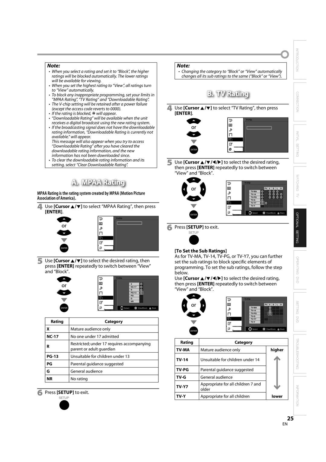 Sylvania LD370SS8 owner manual Mpaa Rating, Use Cursor K /L to select TV Rating, then press, To Set the Sub Ratings 