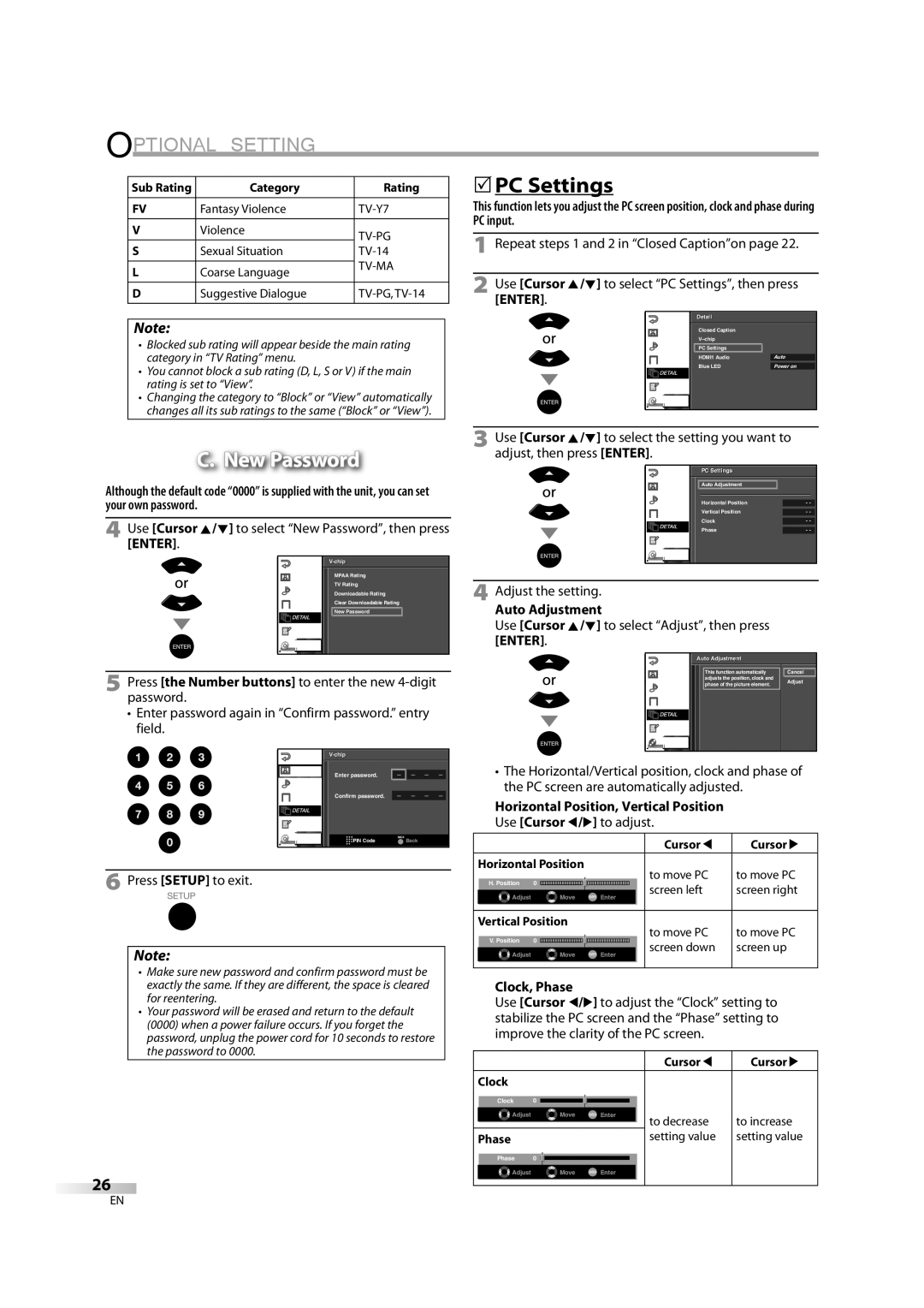 Sylvania LD370SS8 5PC Settings, New Password, Auto Adjustment, Horizontal Position, Vertical Position, Clock, Phase 