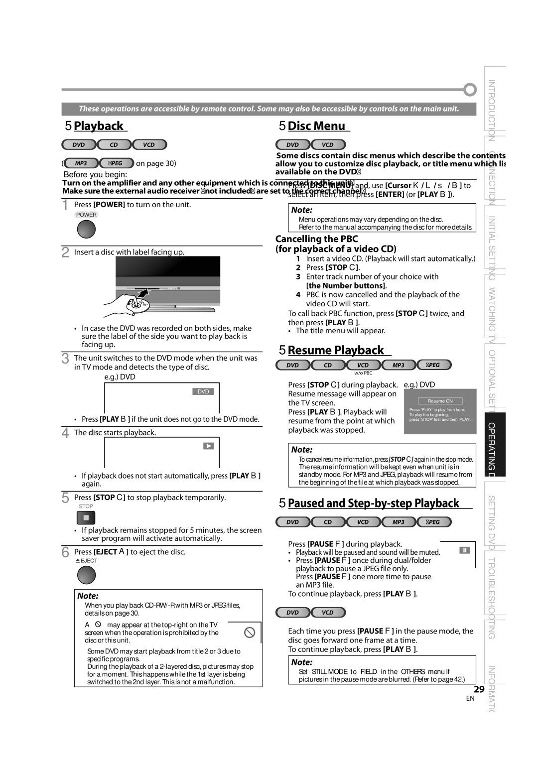 Sylvania LD370SS8 owner manual 5Playback, Cancelling the PBC, For playback of a video CD 