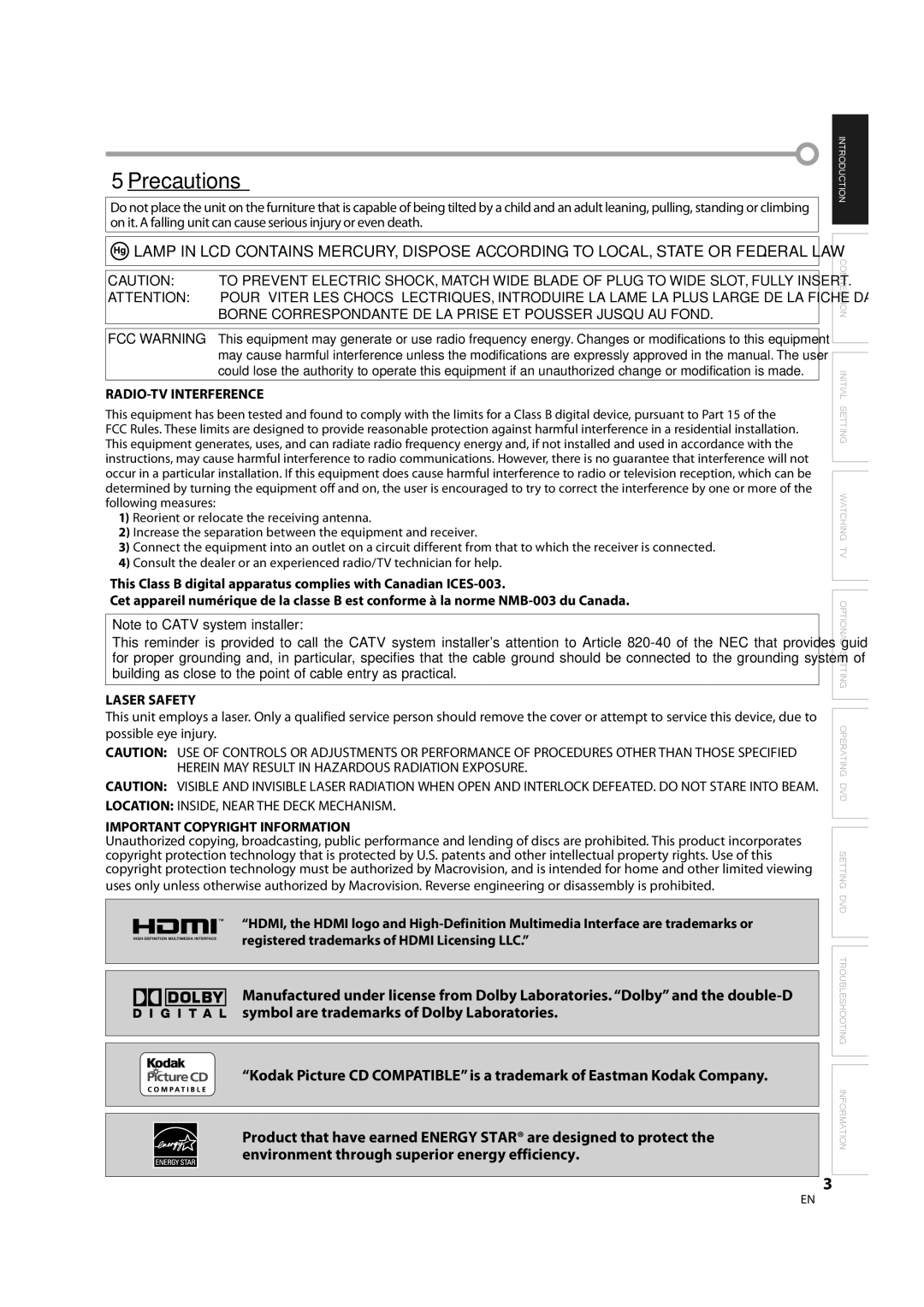 Sylvania LD370SS8 owner manual Precautions, RADIO-TV Interference, Laser Safety, Important Copyright Information 