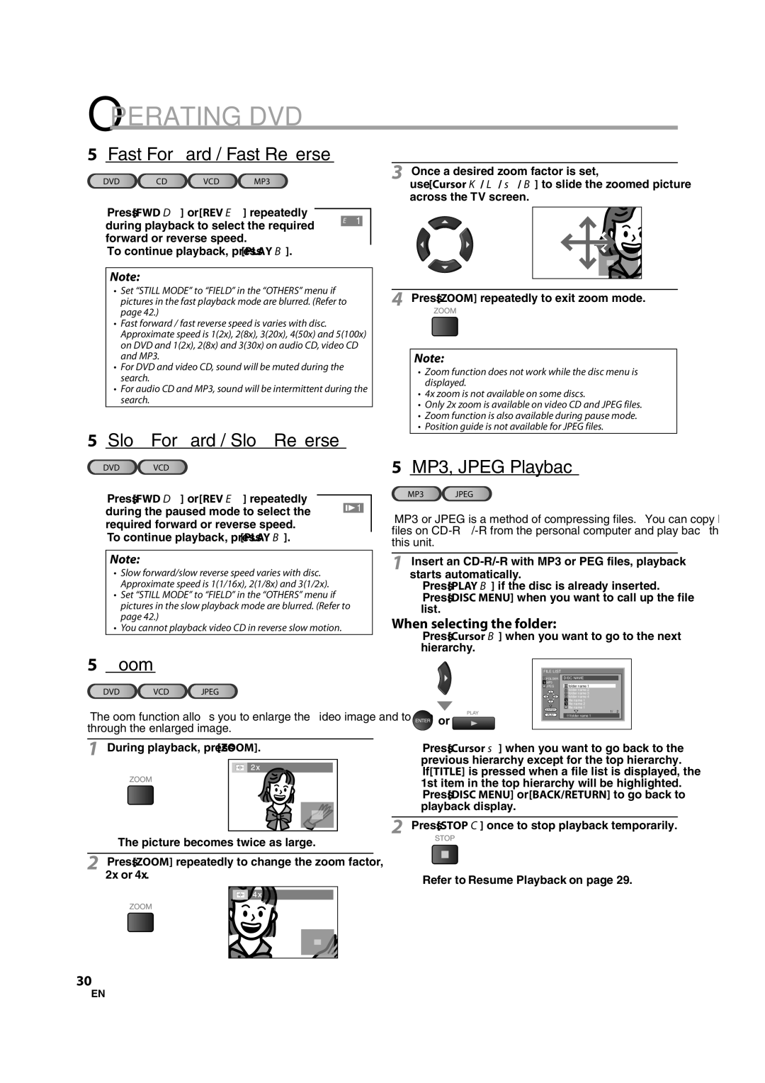 Sylvania LD370SS8 owner manual 5Fast Forward / Fast Reverse, 5Slow Forward / Slow Reverse, 5MP3, Jpeg Playback, Zoom 