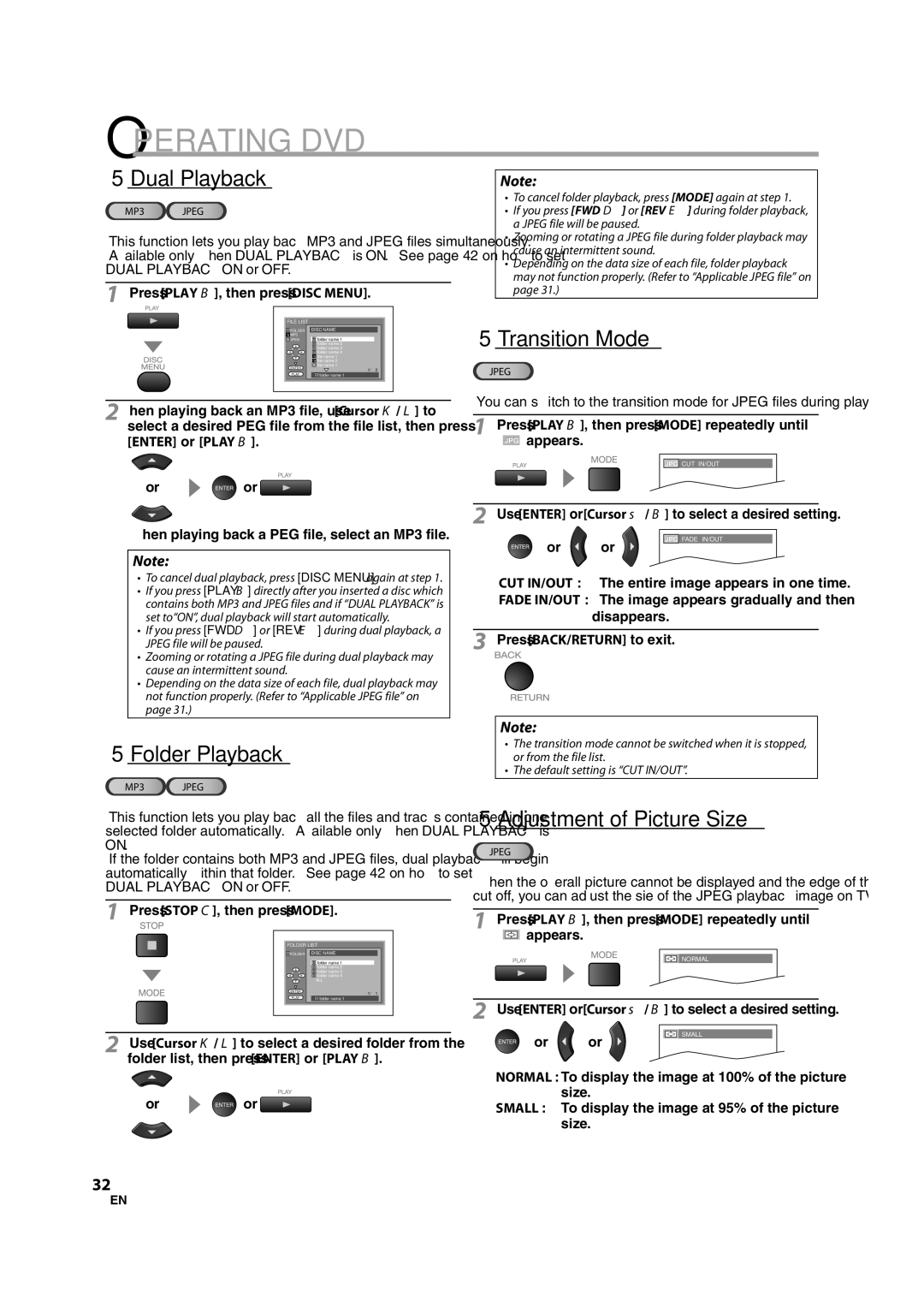 Sylvania LD370SS8 5Dual Playback, 5Transition Mode, 5Folder Playback, 5Adjustment of Picture Size, Dual Playbackon or OFF 