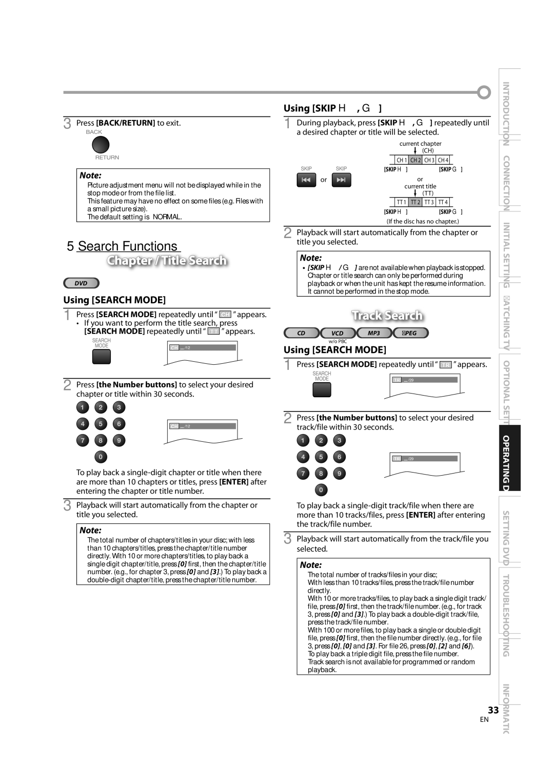 Sylvania LD370SS8 5Search Functions, Chapter / Title Search, Using Search Mode, Press Search Mode repeatedly until 