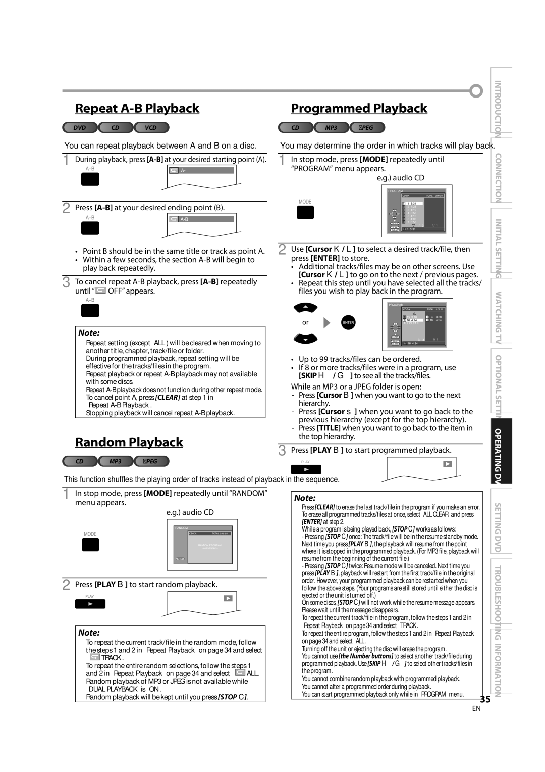 Sylvania LD370SS8 owner manual 5Repeat A-B Playback, 5Random Playback, Programmed Playback 