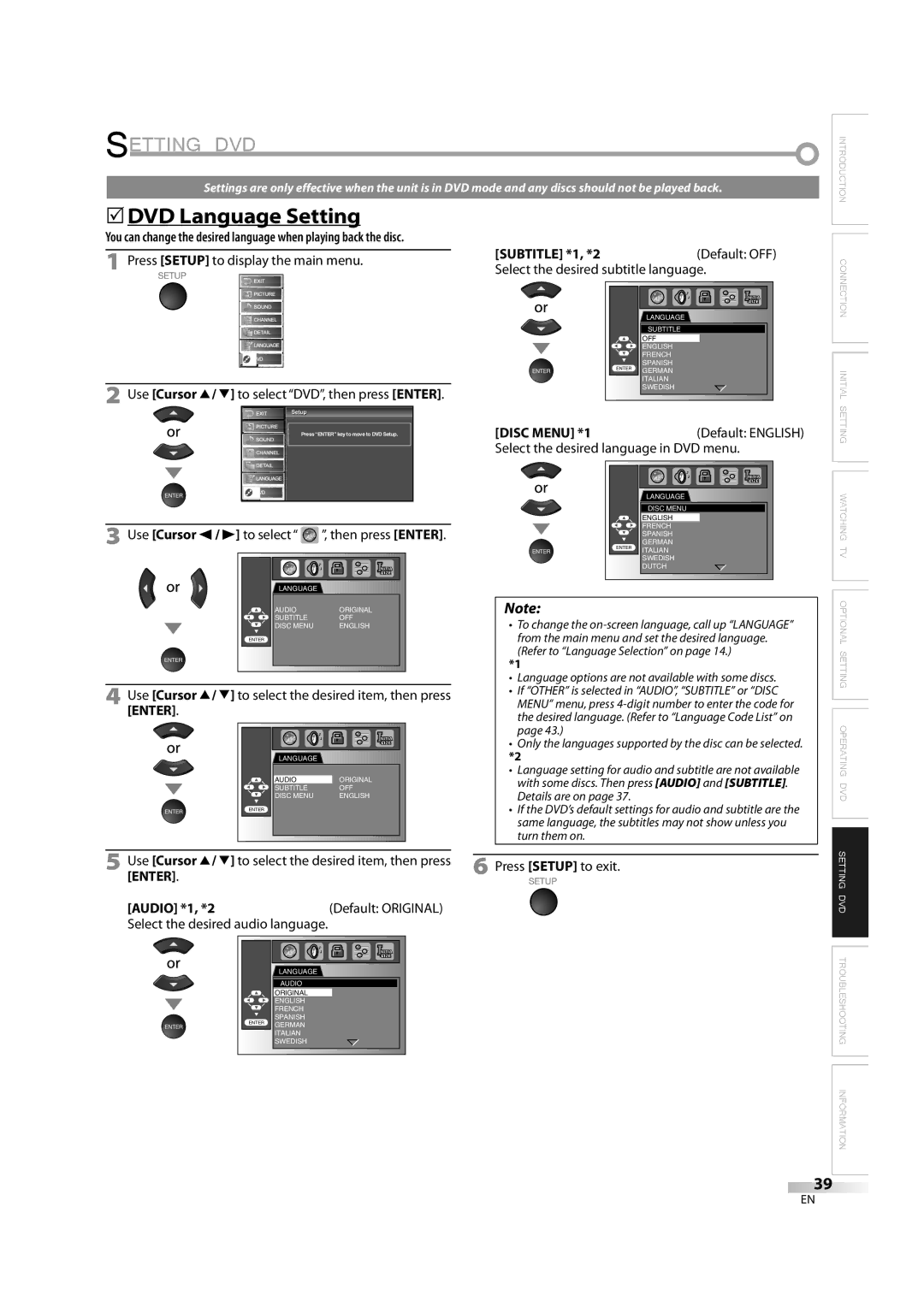 Sylvania LD370SS8 owner manual Setting DVD, 5DVD Language Setting, Audio *1, *2, Subtitle *1, *2Default OFF 