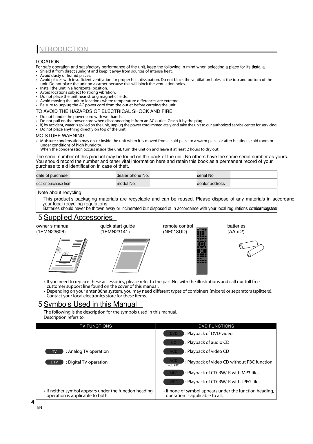 Sylvania LD370SS8 owner manual 5Supplied Accessories, 5Symbols Used in this Manual, Location, Moisture Warning 