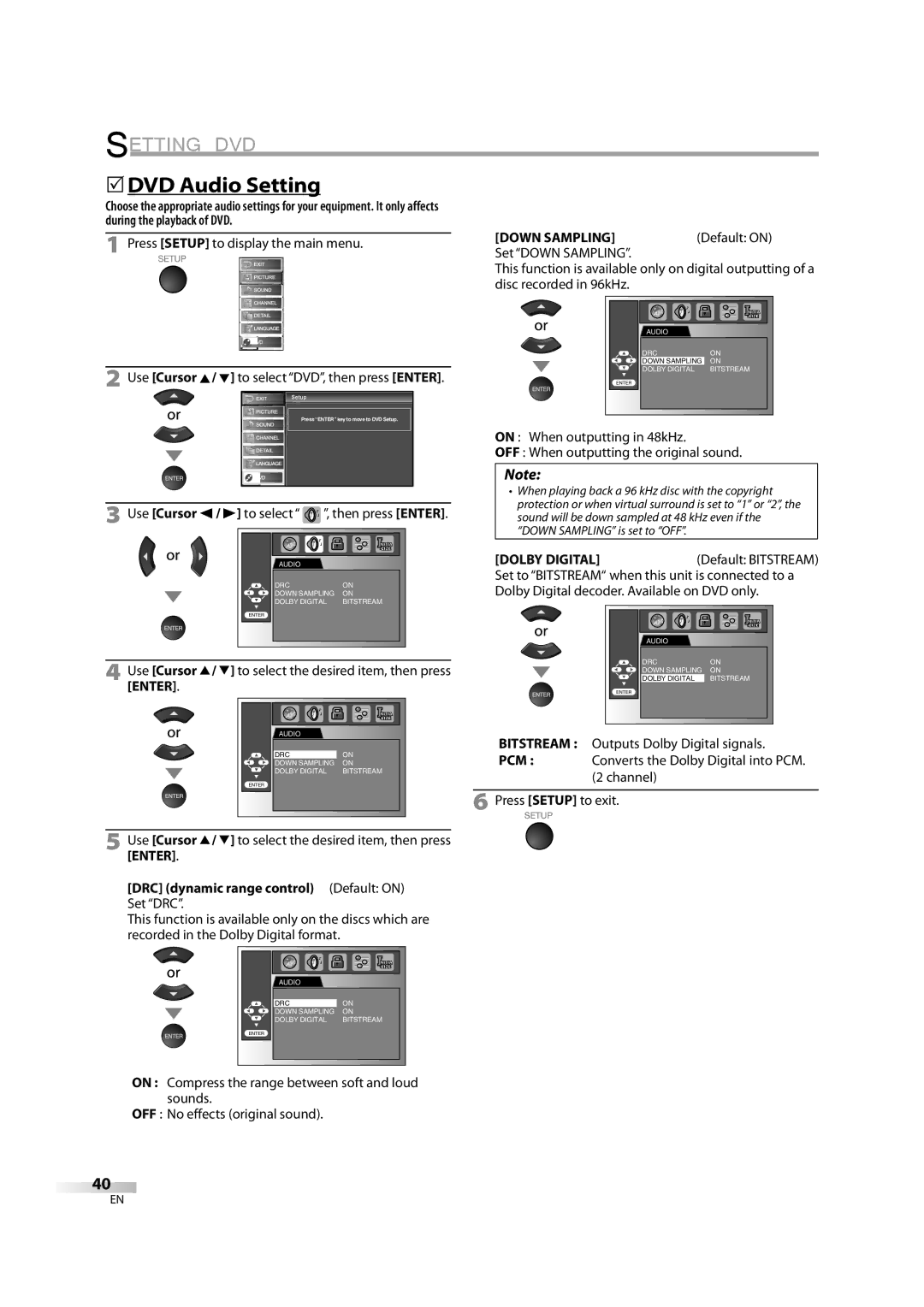 Sylvania LD370SS8 owner manual 5DVD Audio Setting, Down Sampling, DRC dynamic range control Default on Set DRC 