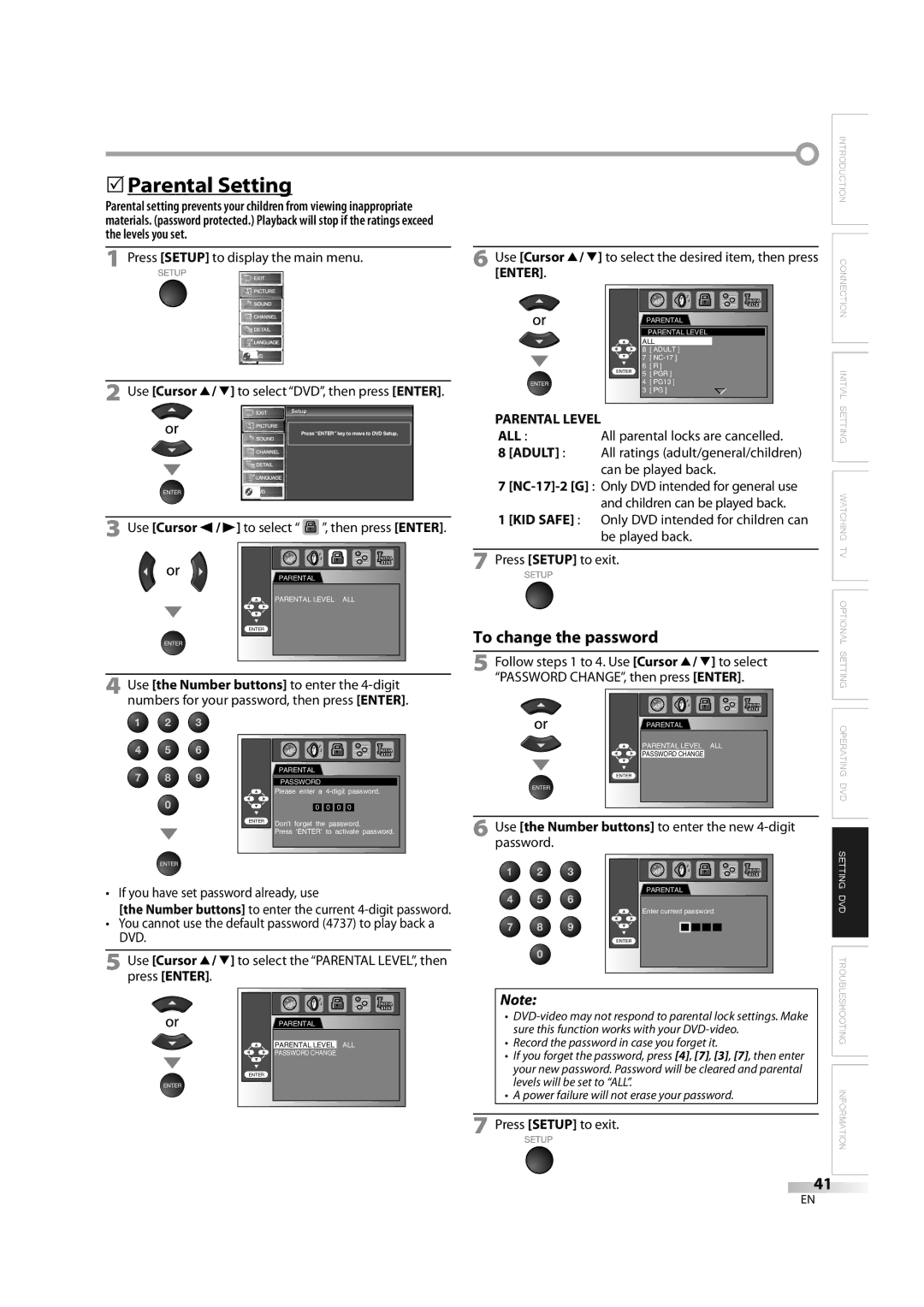 Sylvania LD370SS8 owner manual 5Parental Setting, To change the password, Adult, KID Safe 