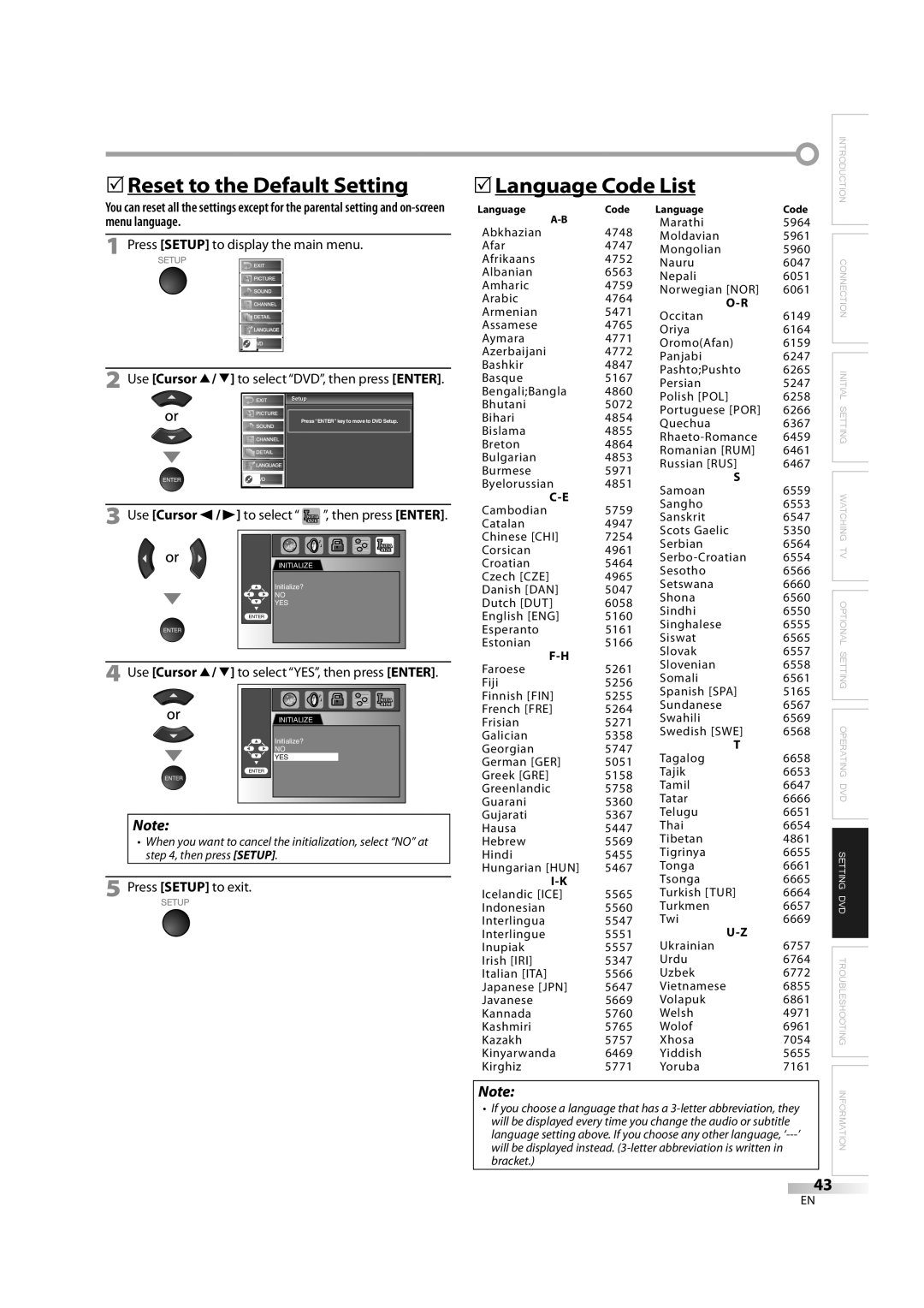 Sylvania LD370SS8 5Reset to the Default Setting 5Language Code List, Use Cursor K/ L to select YES, then press Enter 