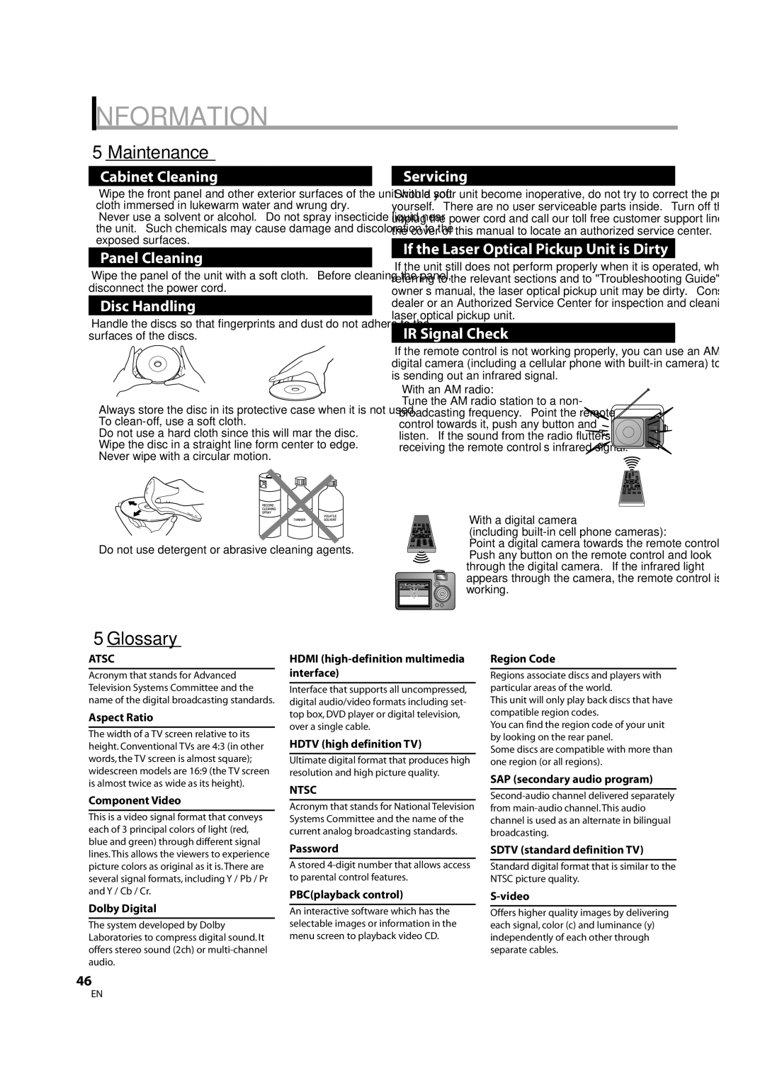 Sylvania LD370SS8 owner manual Information, Maintenance, Glossary, Atsc, Ntsc 