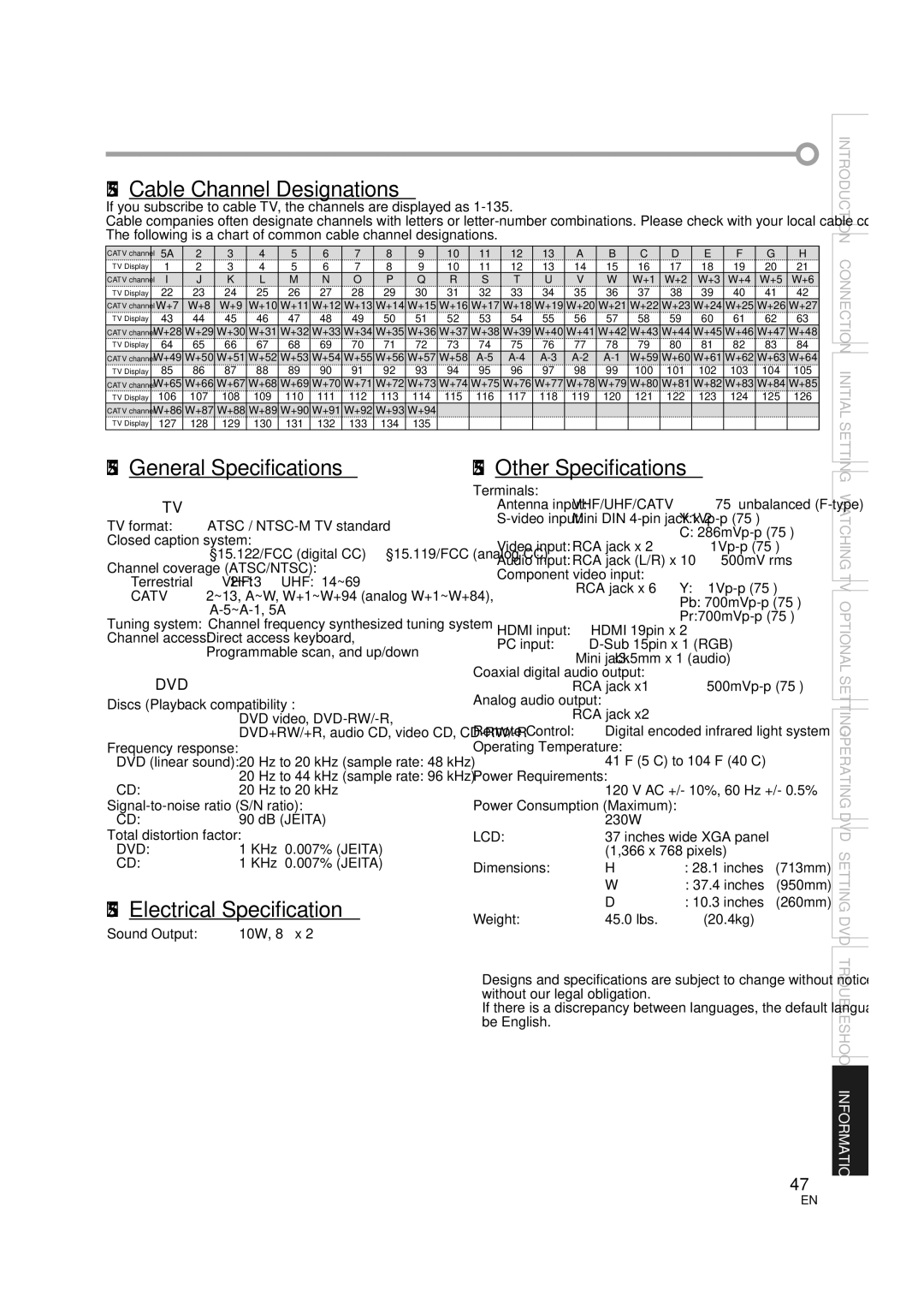 Sylvania LD370SS8 5Cable Channel Designations, 5General Specifications, 5Electrical Specification, 5Other Specifications 