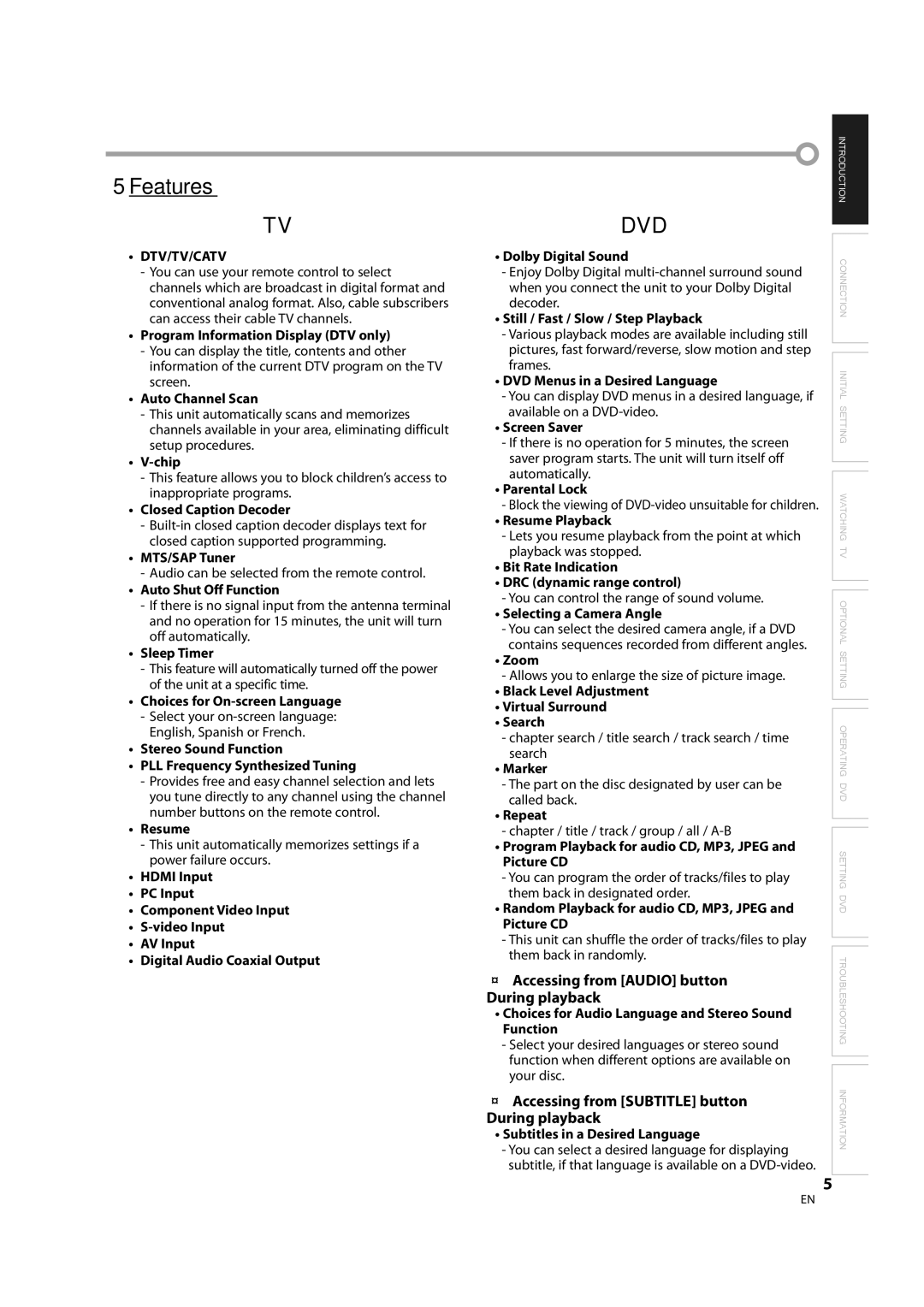 Sylvania LD370SS8 owner manual Features, Dtv/Tv/Catv 