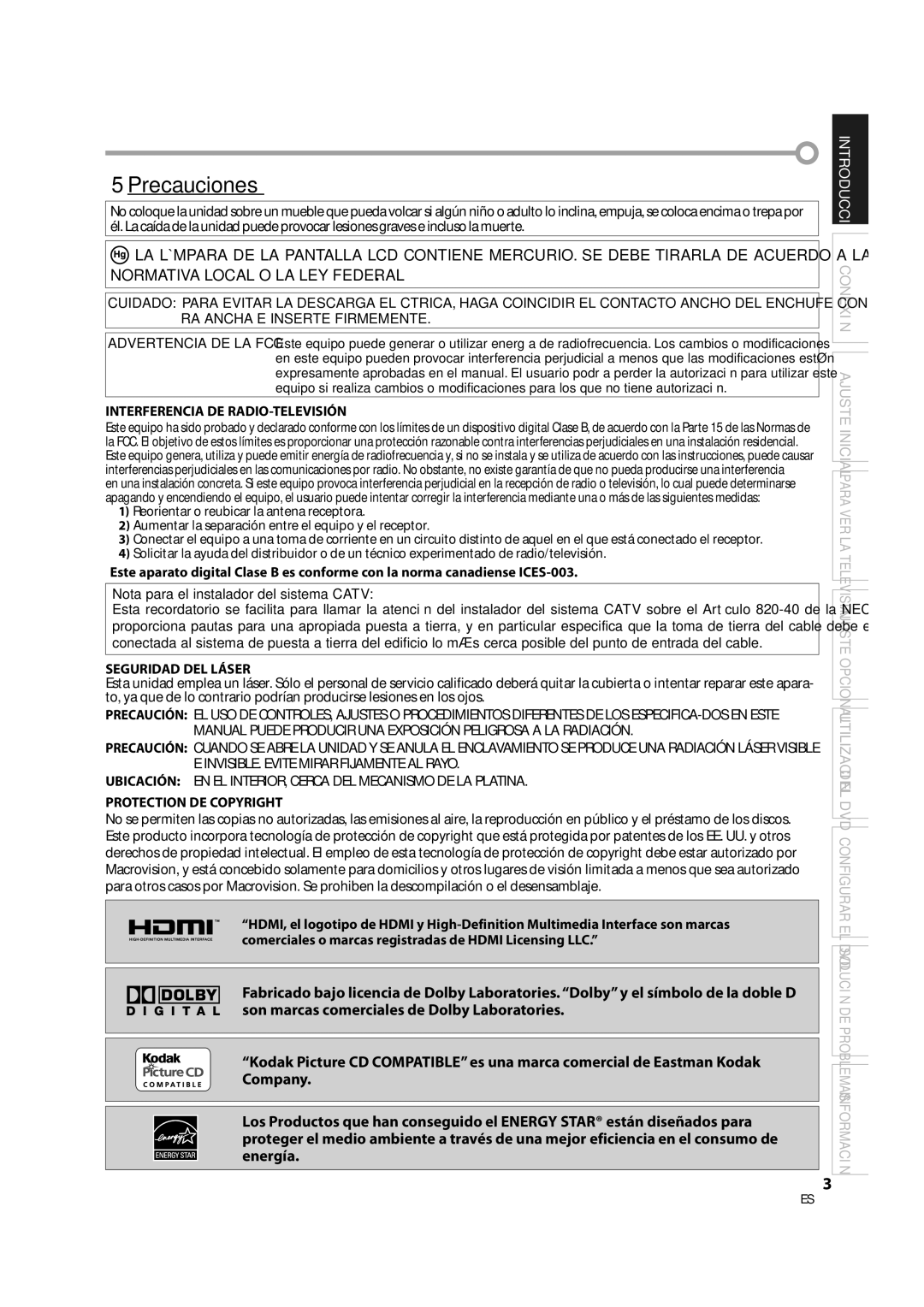 Sylvania LD370SS8 Precauciones, Interferencia DE RADIO-TELEVISIÓN, Seguridad DEL Láser, Protection DE Copyright 