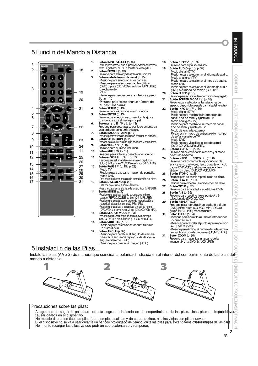 Sylvania LD370SS8 owner manual 5Función del Mando a Distancia, 5Instalación de las Pilas 