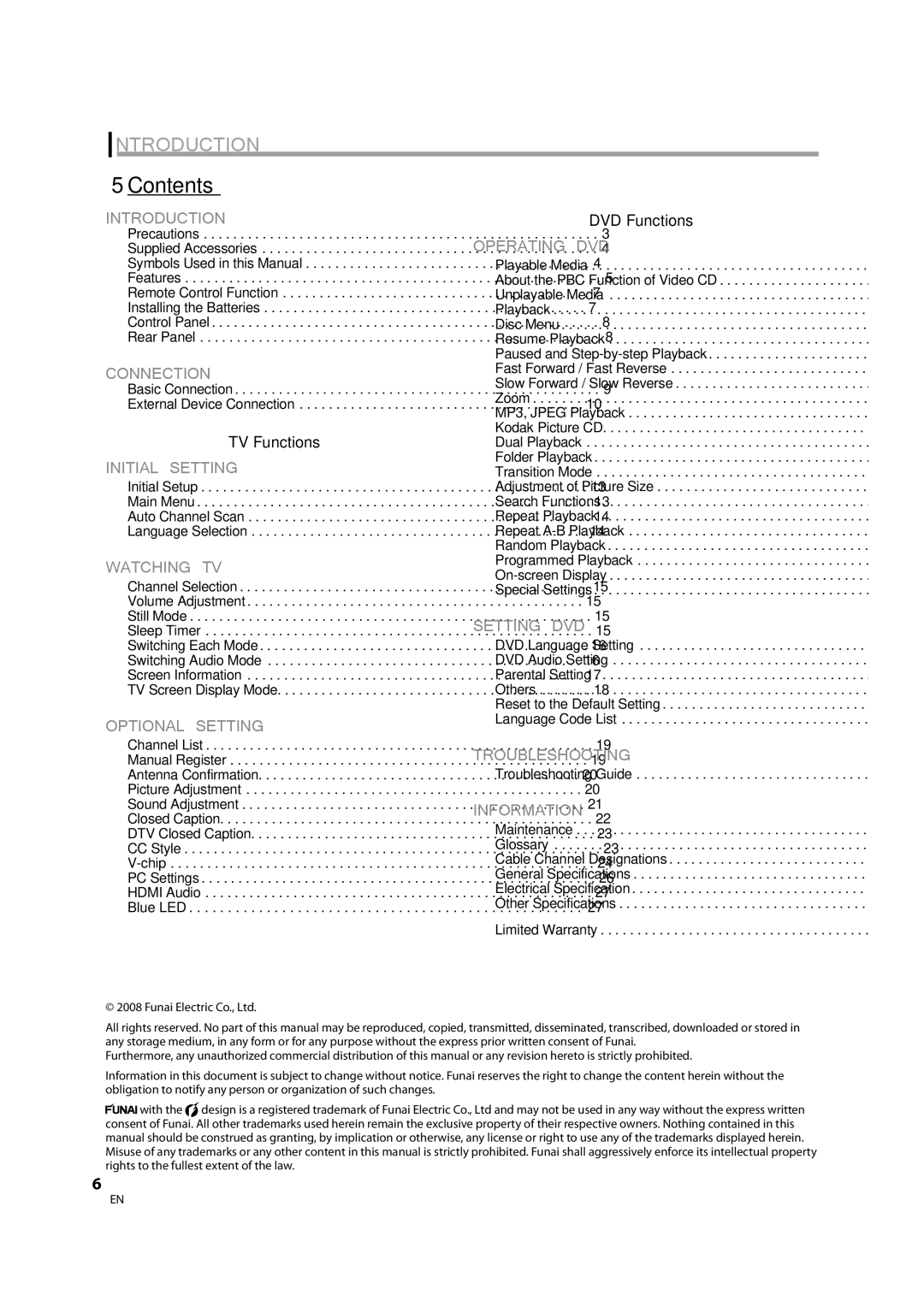 Sylvania LD370SS8 owner manual Introduction, Contents 