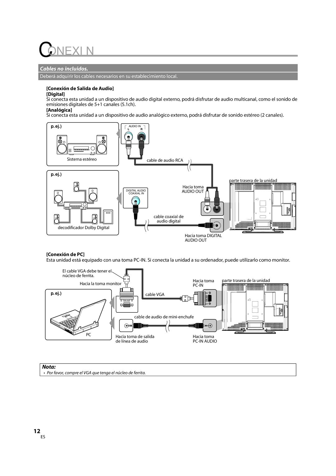 Sylvania LD370SS8 owner manual Conexión de Salida de Audio Digital, Analógica, Conexión de PC 