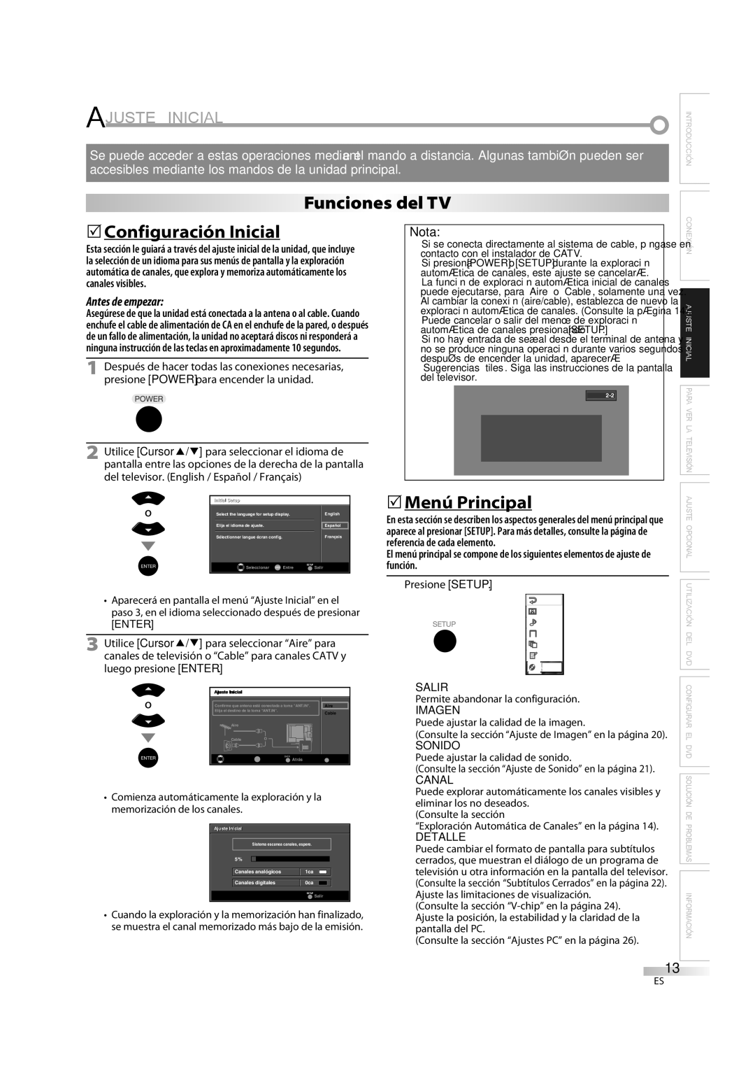 Sylvania LD370SS8 owner manual Ajuste Inicial, Funciones del TV 5Configuración Inicial, 5Menú Principal 