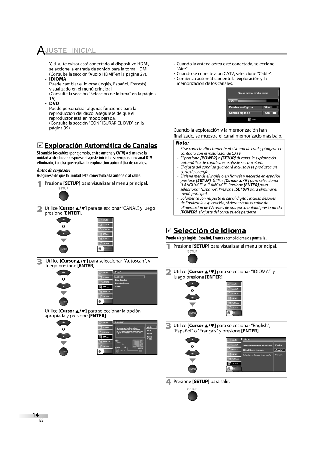 Sylvania LD370SS8 owner manual 5Selección de Idioma, Presione Setup para salir 