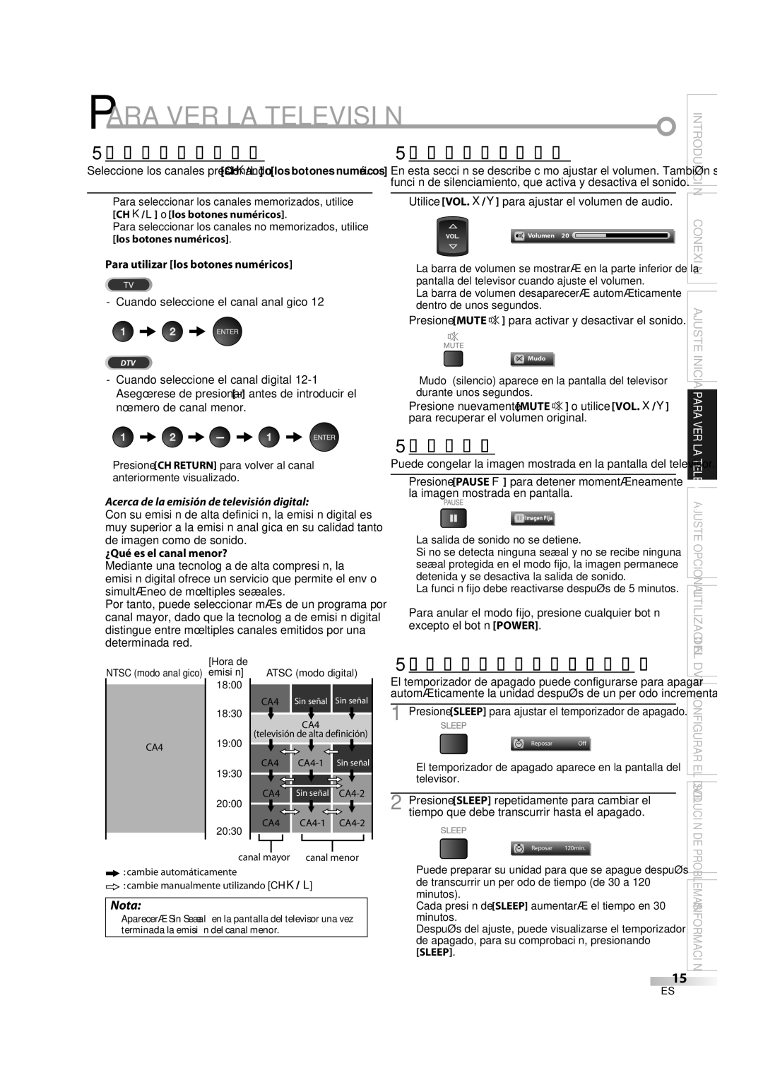 Sylvania LD370SS8 5Selección de Canal, 5Modo Fijo, Para utilizar los botones numéricos, ¿Qué es el canal menor? 