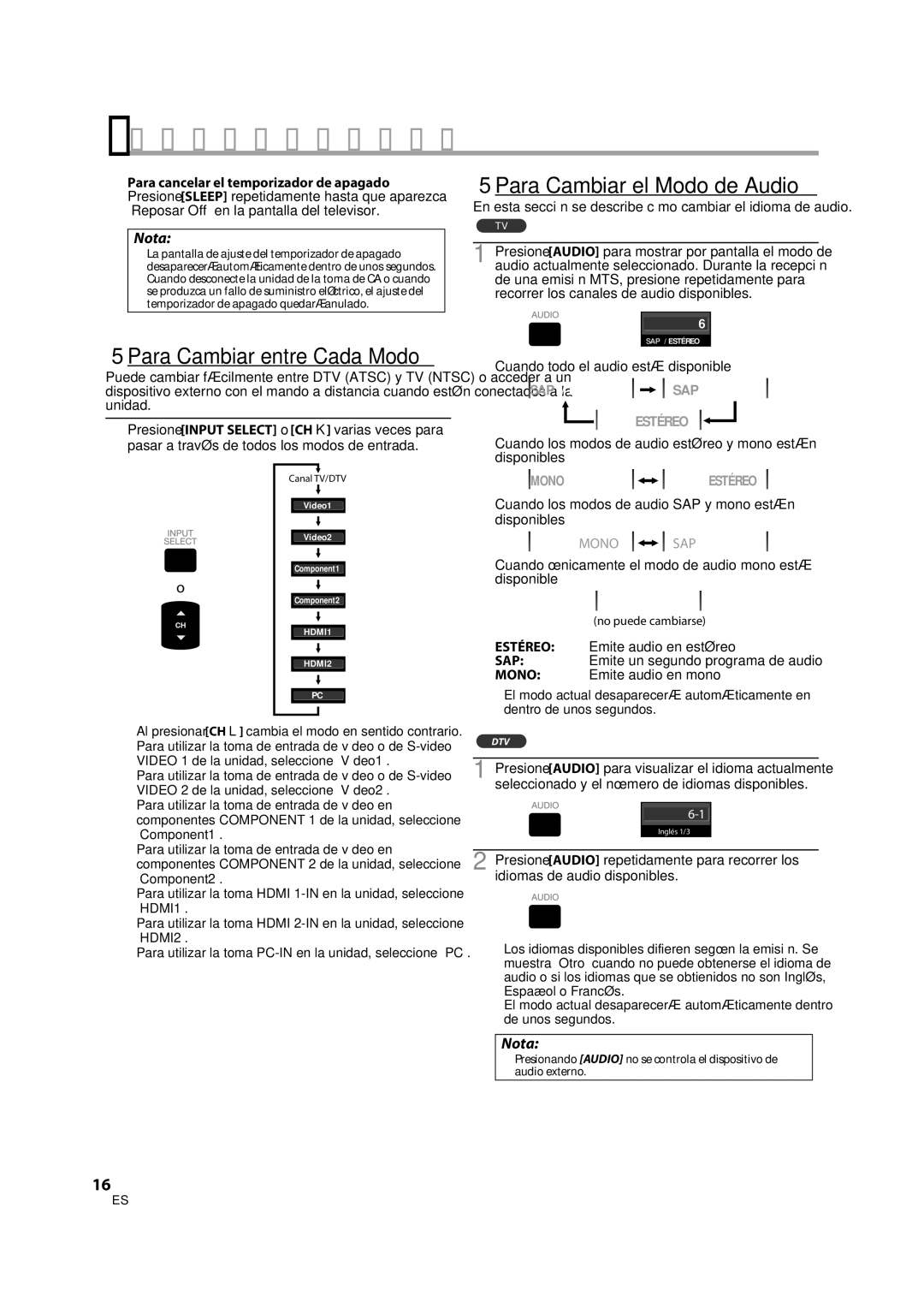 Sylvania LD370SS8 owner manual Para VER LA Televisión, 5Para Cambiar el Modo de Audio, 5Para Cambiar entre Cada Modo 