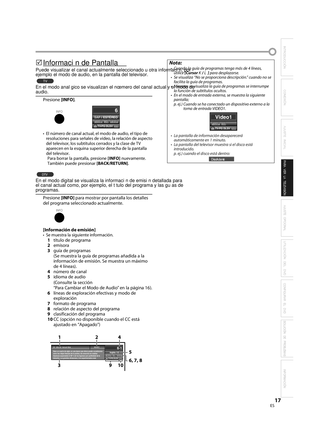 Sylvania LD370SS8 owner manual 5Información de Pantalla, Presione Info, Información de emisión 