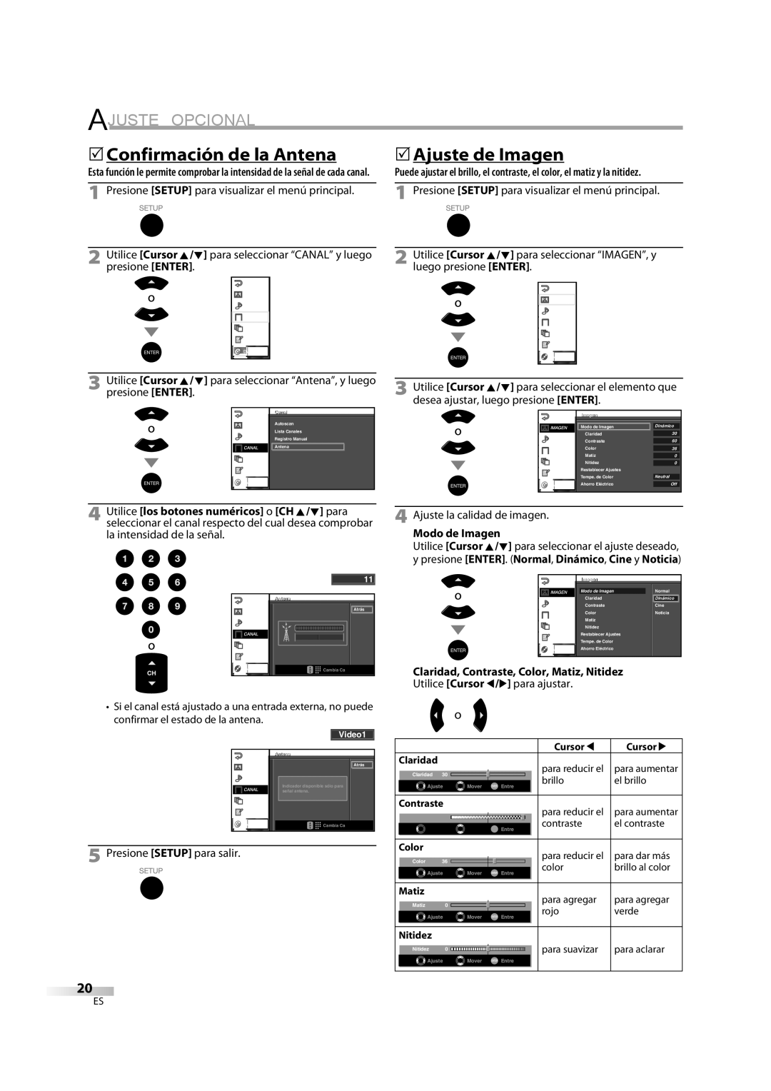 Sylvania LD370SS8 owner manual 5Confirmación de la Antena, 5Ajuste de Imagen, Modo de Imagen 